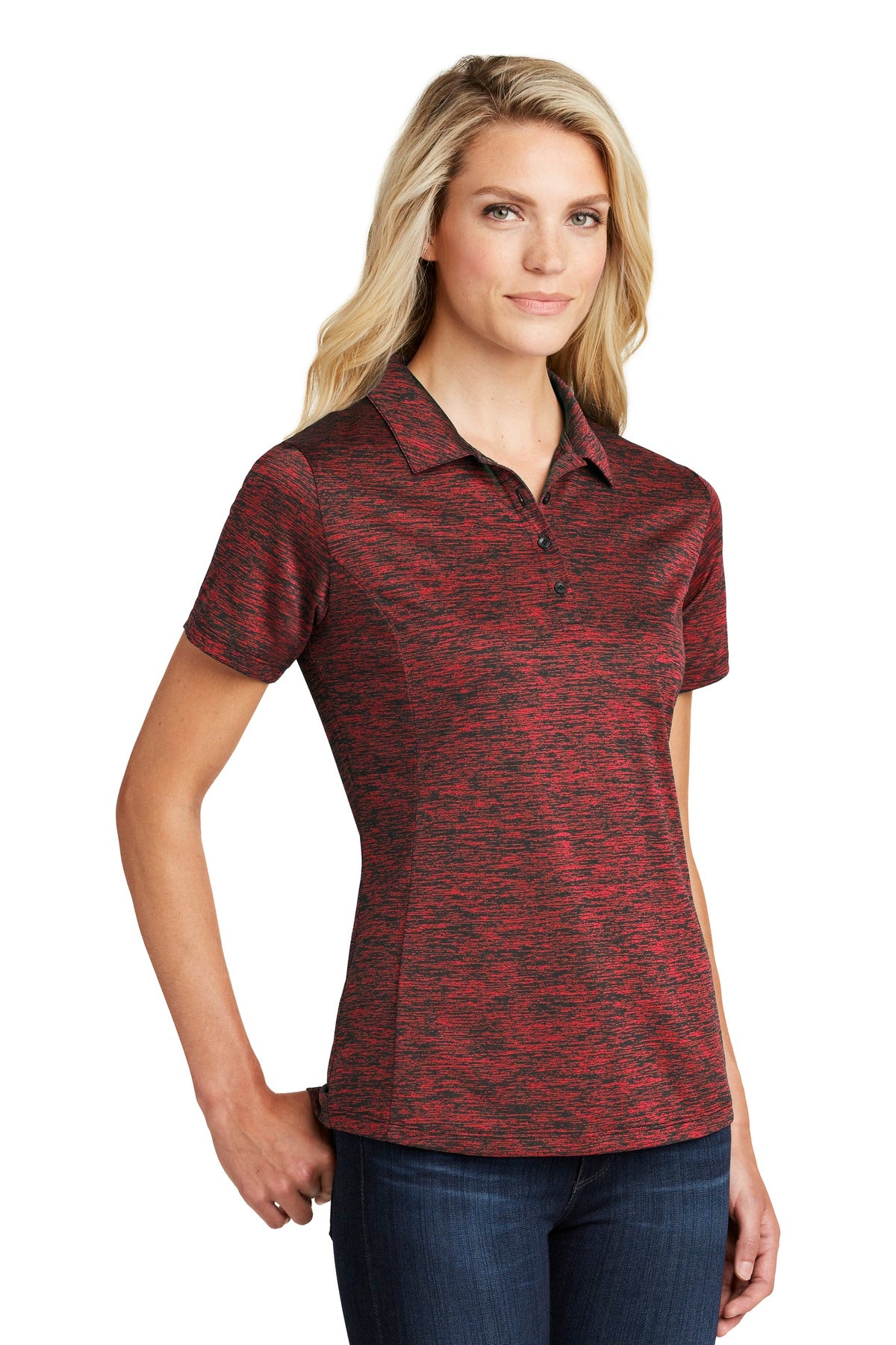Deep Red/Blk E Sport-Tek Women's PosiCharge Electric Heather Polo. LST590
