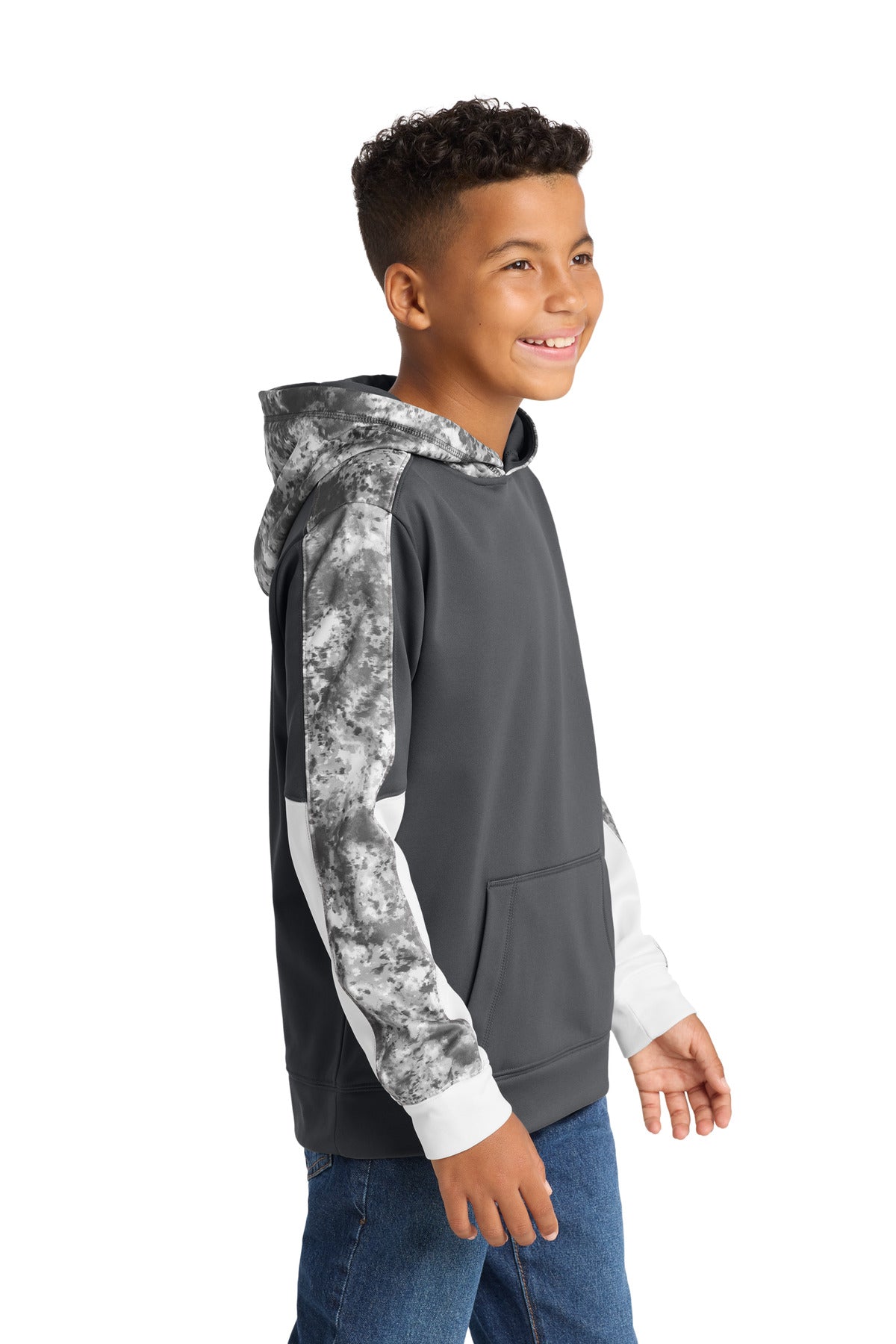 Dk Sm Gy/DS Gy Sport-Tek Youth Sport-Wick Mineral Freeze Fleece Colorblock Hooded Pullover. YST231