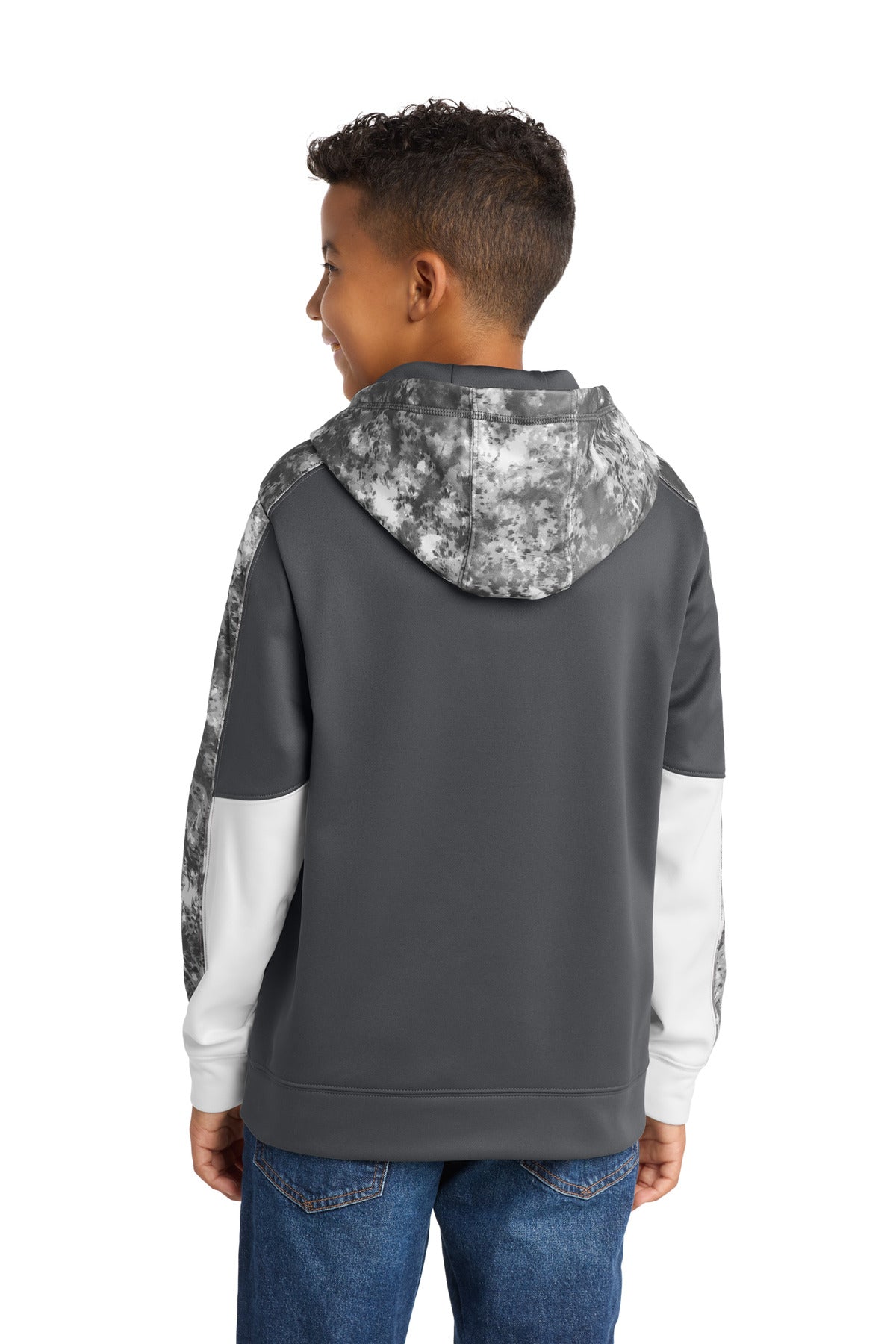 Dk Sm Gy/DS Gy Sport-Tek Youth Sport-Wick Mineral Freeze Fleece Colorblock Hooded Pullover. YST231