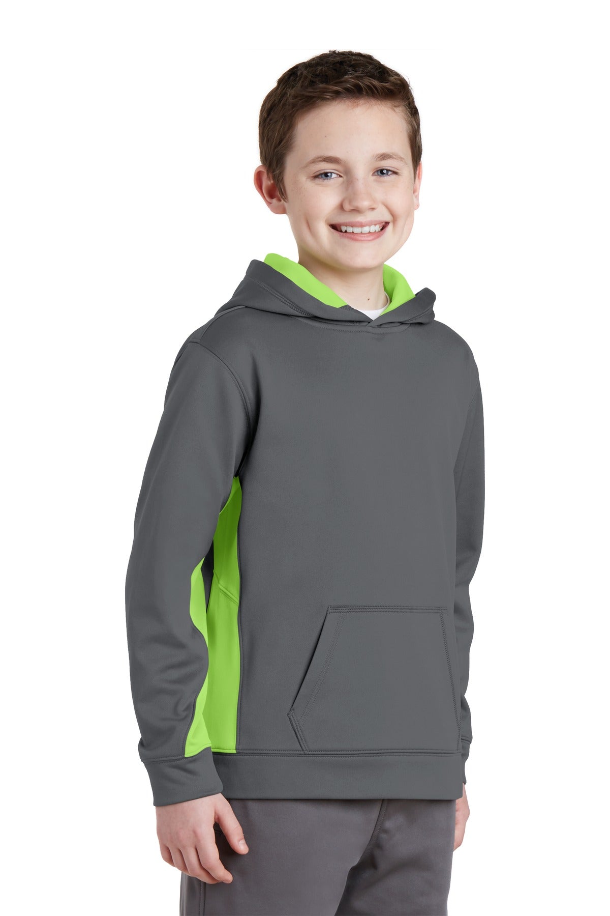 Dk Smk Gry/Lim Sport-Tek Youth Sport-Wick Fleece Colorblock Hooded Pullover. YST235