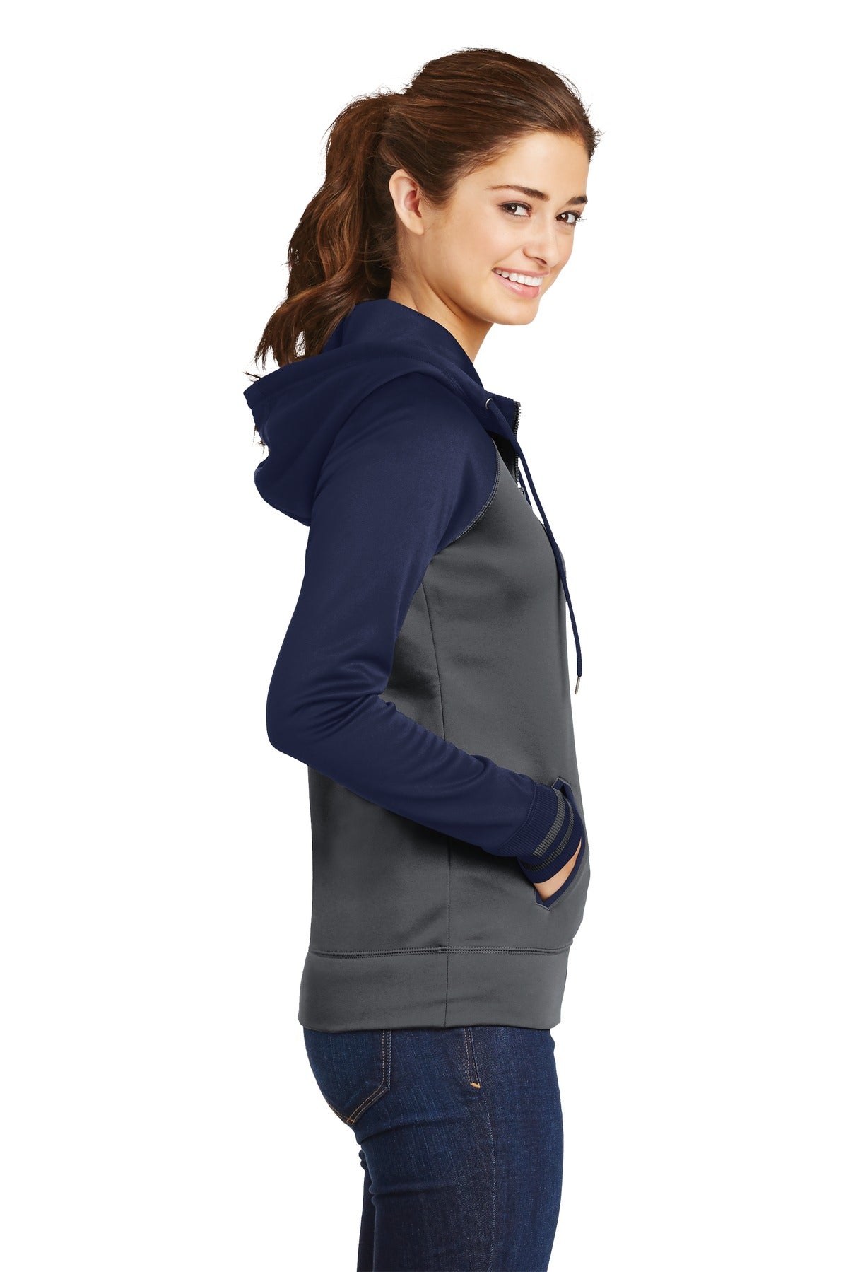 Dk Smk Gry/Nvy Sport-Tek Women's Sport-Wick Varsity Fleece Full-Zip Hooded Jacket. LST236