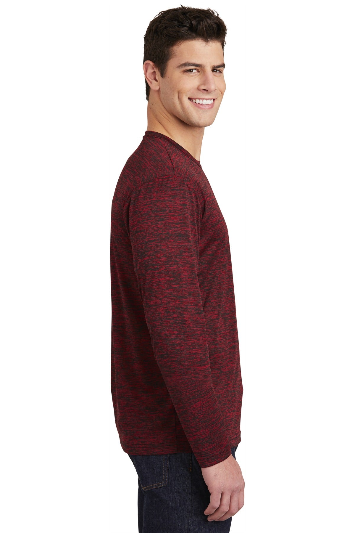 Dp Red-Blk Ele Sport-Tek PosiCharge Long Sleeve Electric Heather Tee. ST390LS