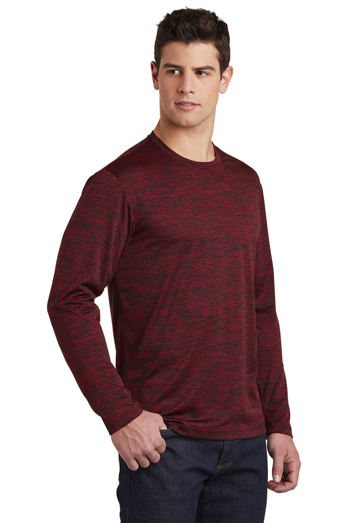 Dp Red-Blk Ele Sport-Tek PosiCharge Long Sleeve Electric Heather Tee. ST390LS