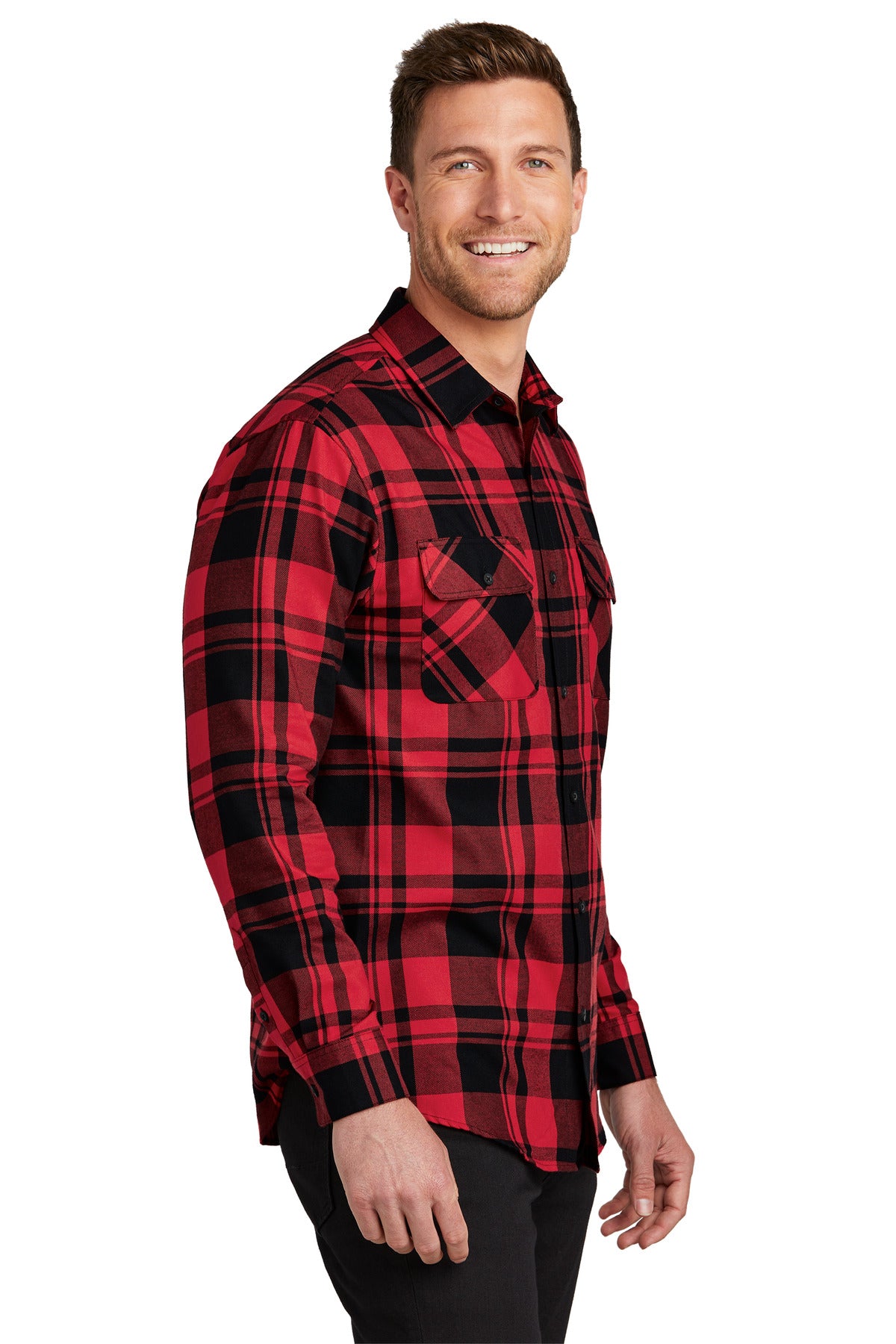 Engine Red/Blk Port Authority Plaid Flannel Shirt. W668