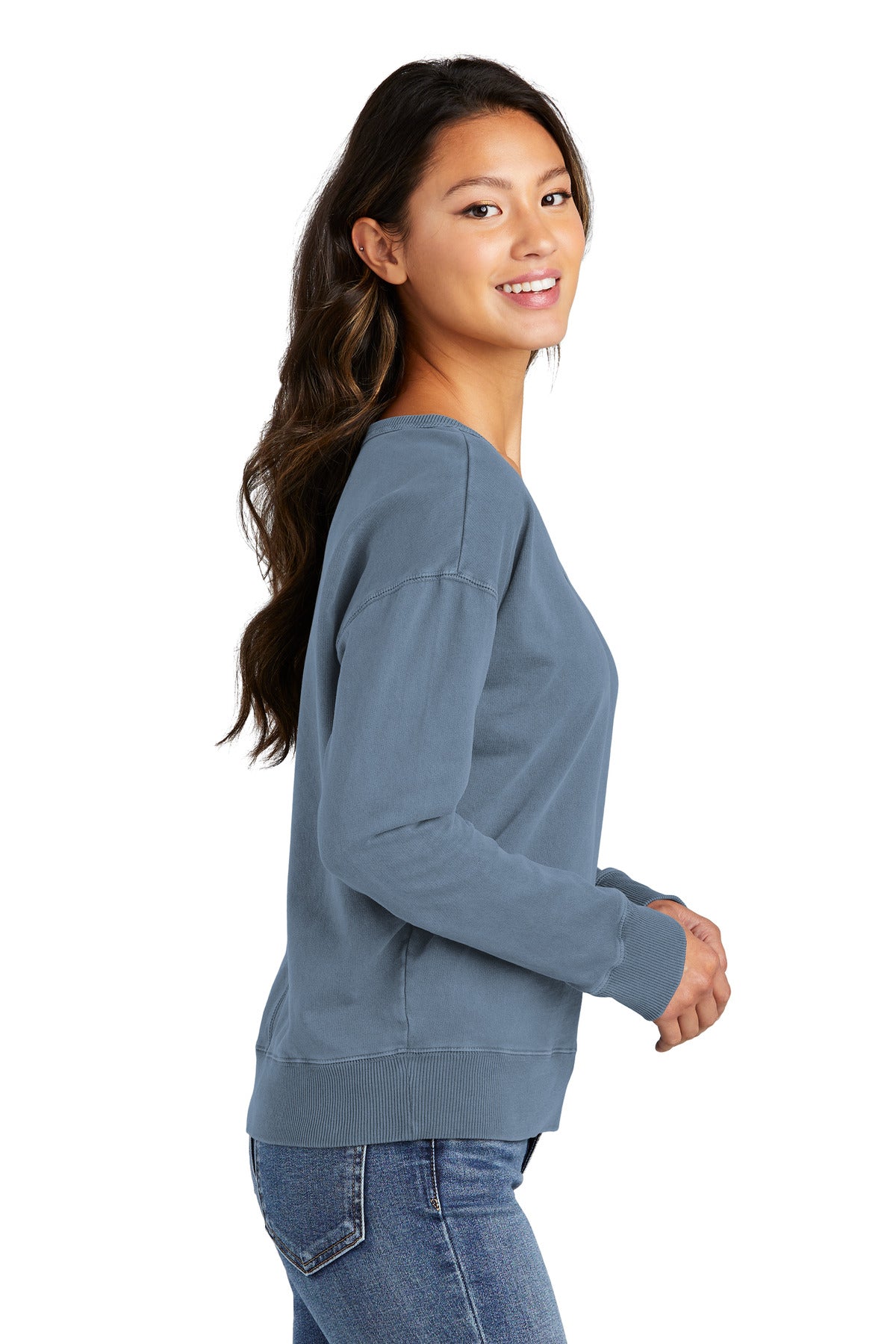 FadedDenim Port & Company Women's Beach Wash Garment-Dyed V-Neck Sweatshirt LPC098V