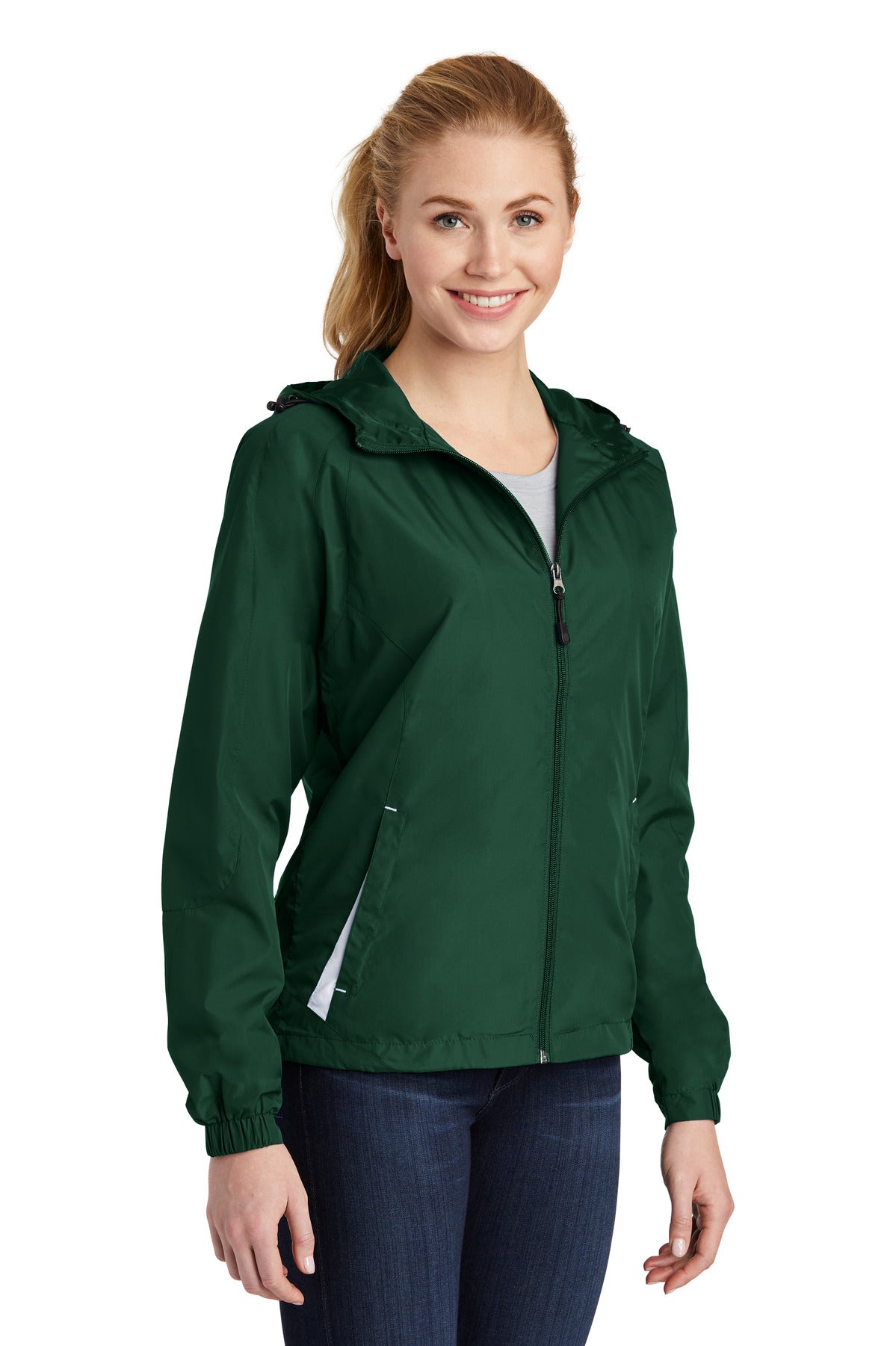 Forest Grn/Wht Sport-Tek Women's Colorblock Hooded Raglan Jacket. LST76