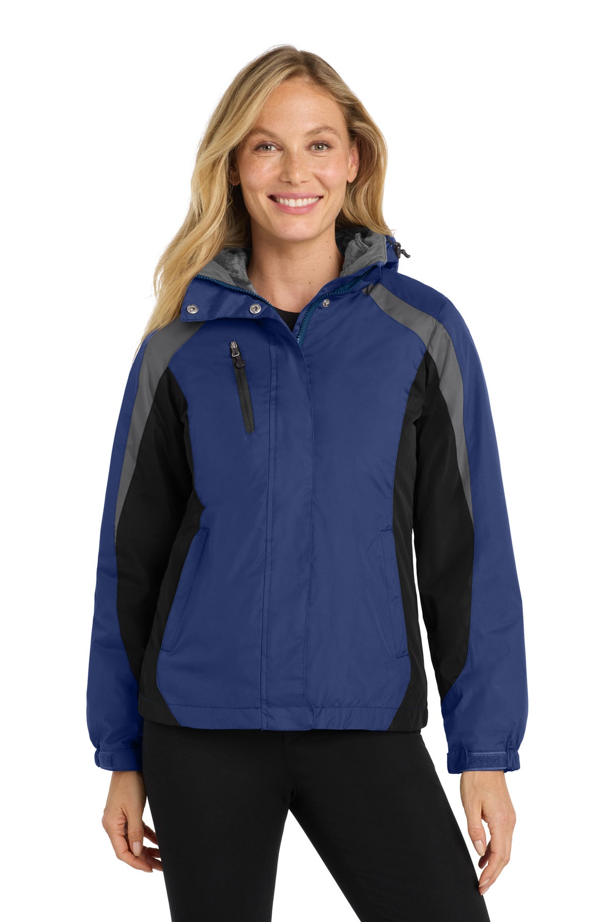 Front View of Ad Blu/Blk/Gry Port Authority Women's Colorblock 3-in-1 Jacket. L321