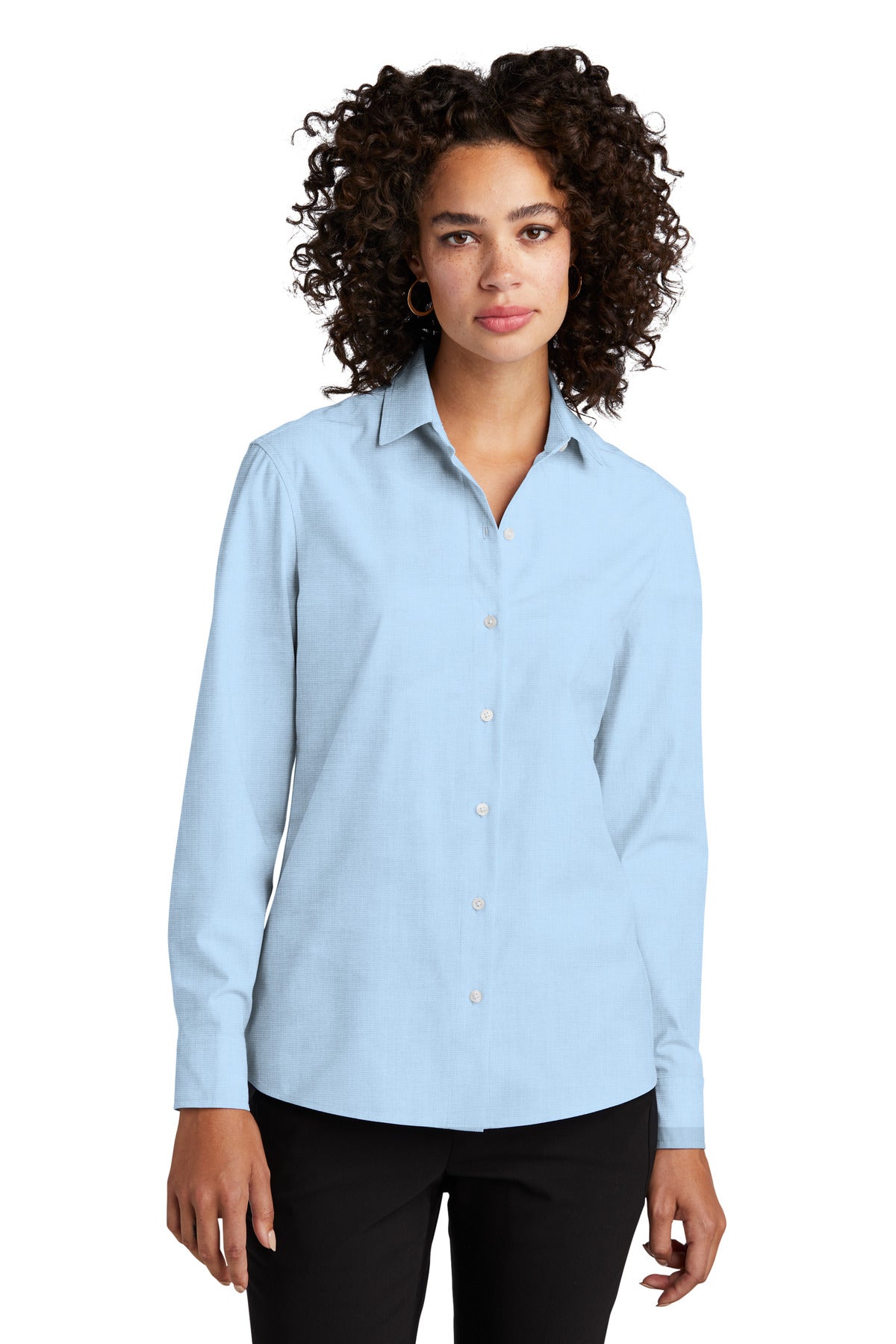 Front View of AirBlueEOE Mercer+Mettle Women's Long Sleeve Stretch Woven Shirt MM2001