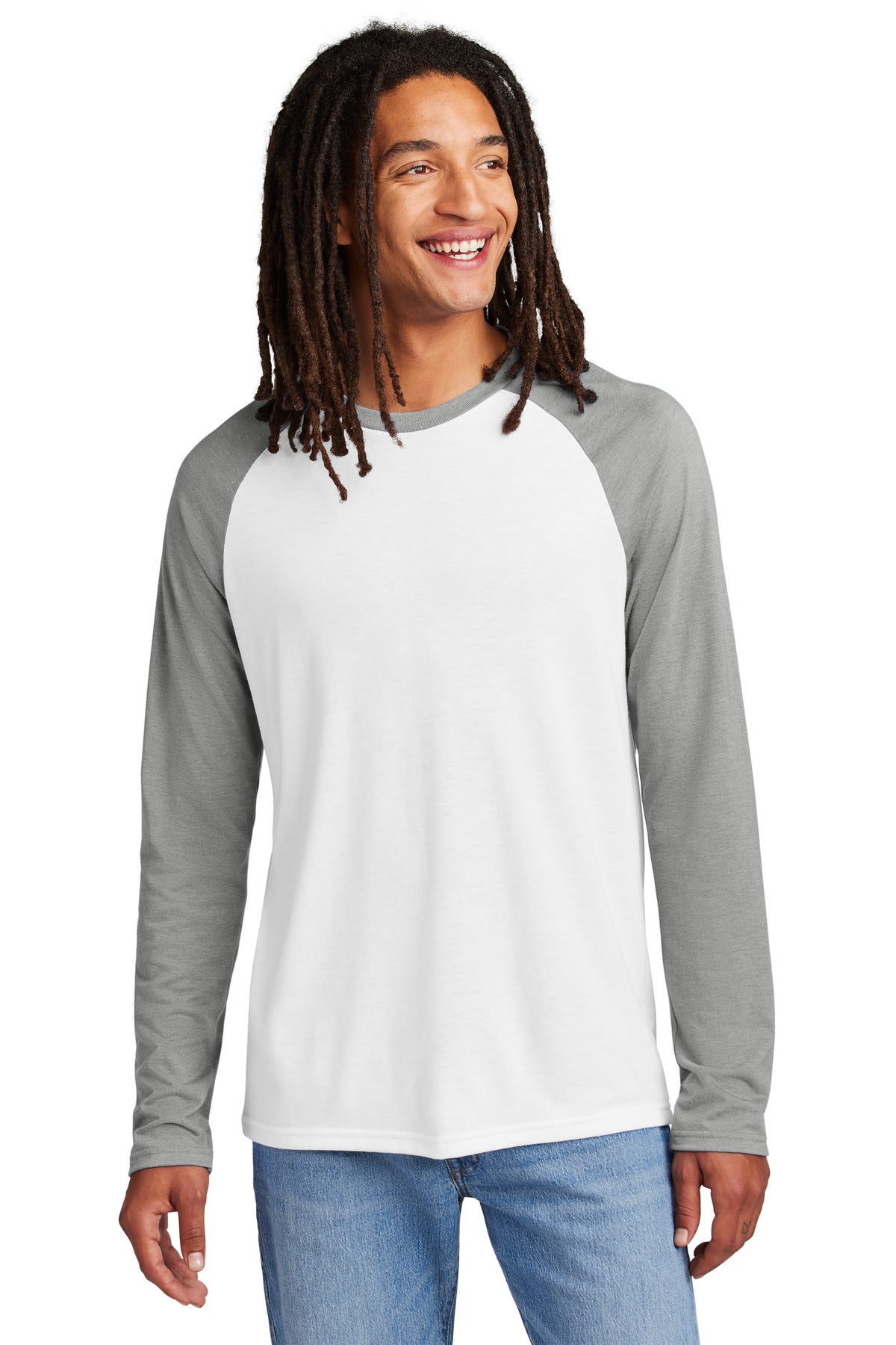 Front View of AlumGy/BtW Allmade Unisex Tri-Blend Long Sleeve Colorblock Raglan AL6009