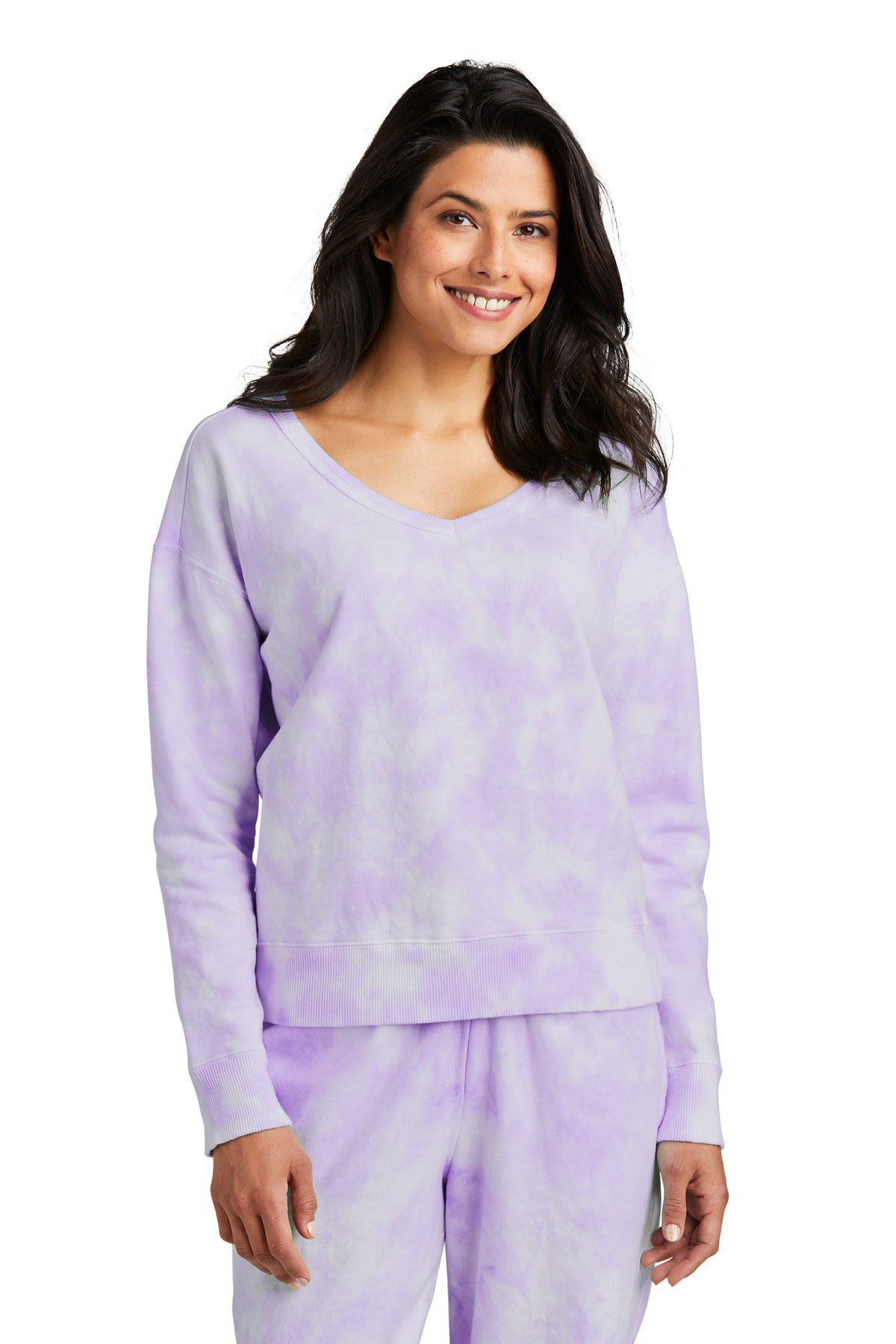 Front View of Amethyst Port & Company Women's Beach Wash Cloud Tie-Dye V-Neck Sweatshirt LPC140V