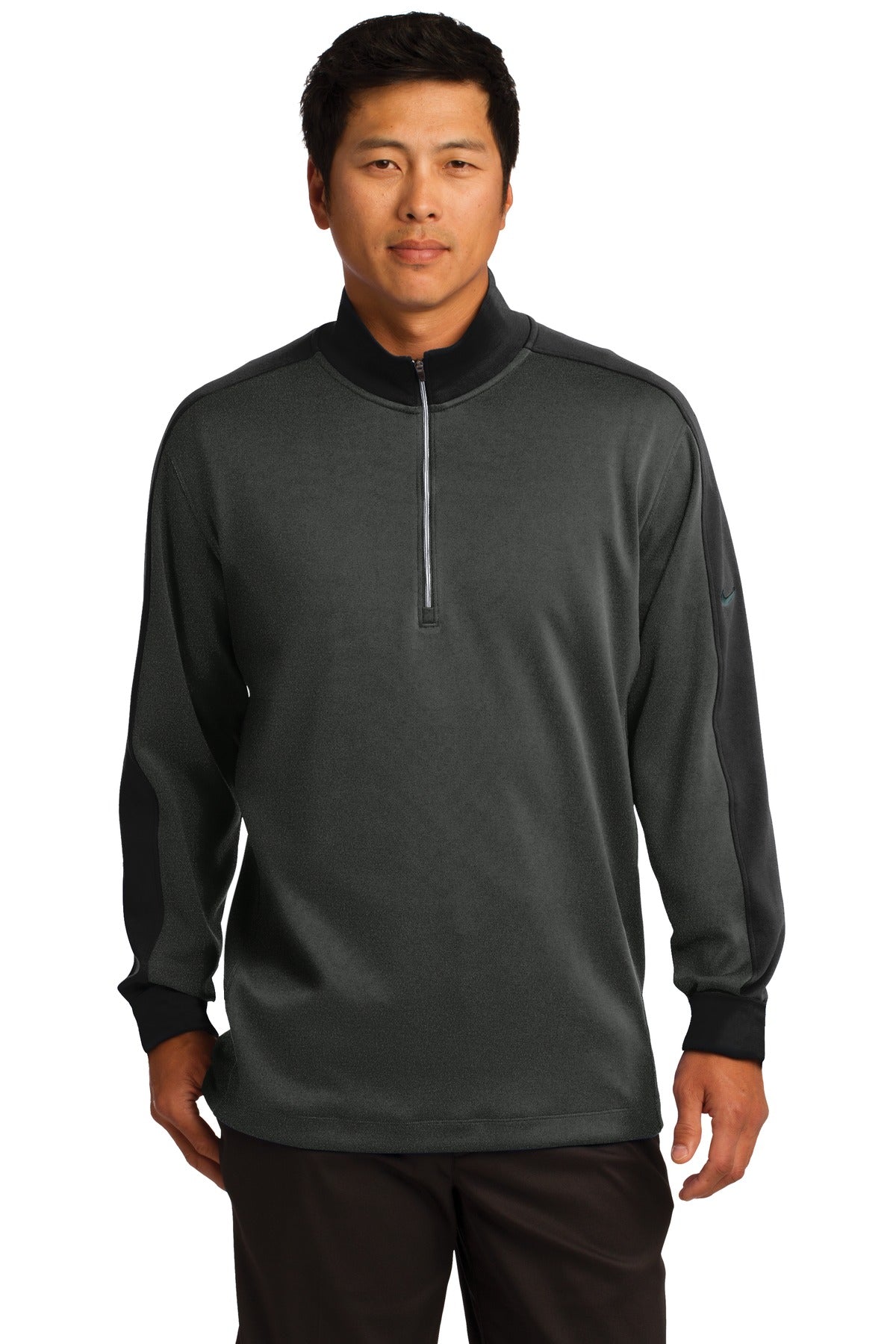 Front View of Anth Hthr/Blk Nike Dri-FIT 1/2-Zip Cover-Up. 578673