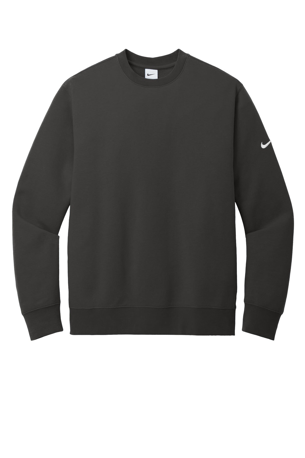 Front View of Anthracite Nike Club Fleece Sleeve Swoosh Crew NKFD9863
