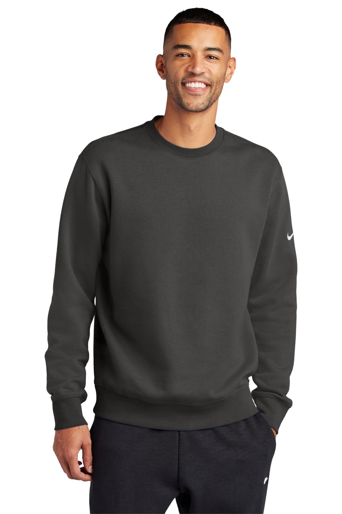 Front View of Anthracite Nike Club Fleece Sleeve Swoosh Crew NKFD9863