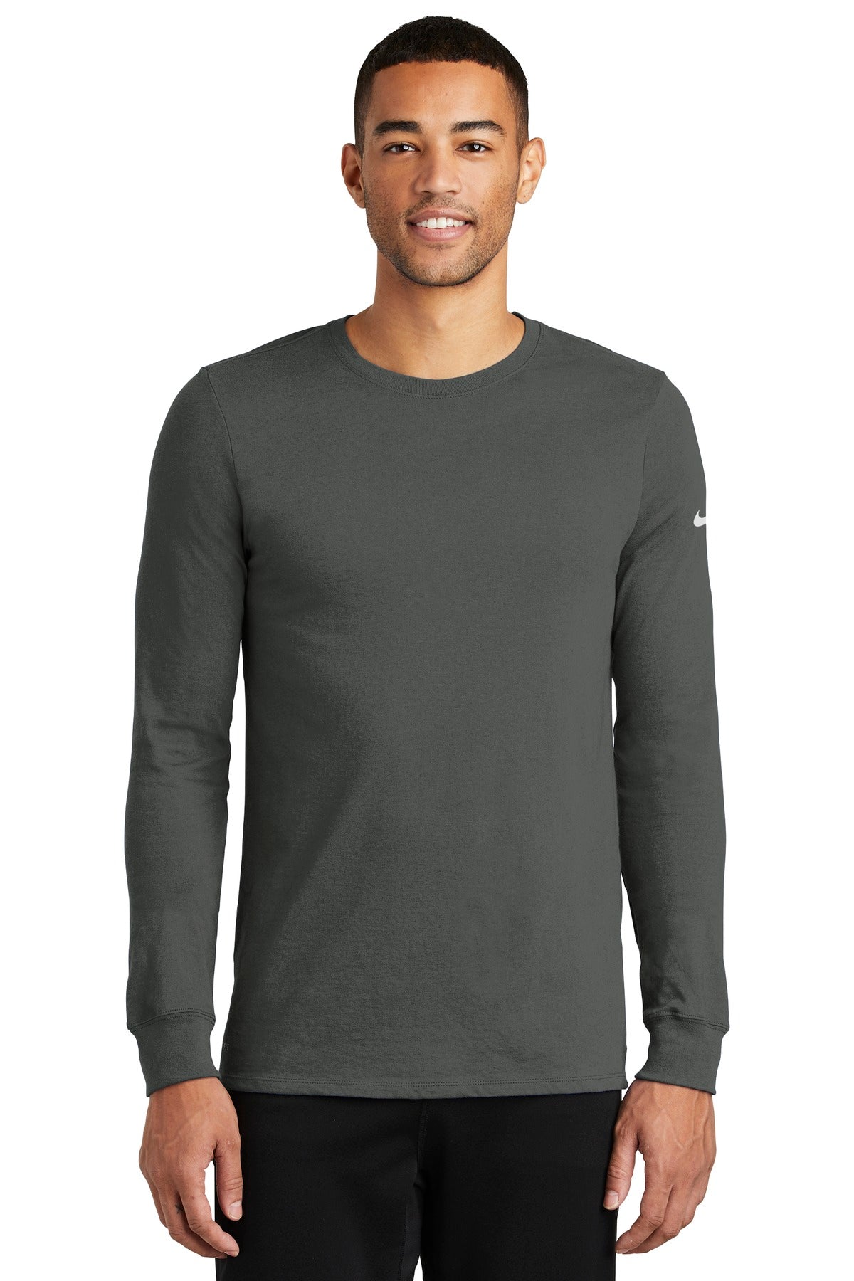 Front View of Anthracite Nike Dri-FIT Cotton/Poly Long Sleeve Tee. NKBQ5230