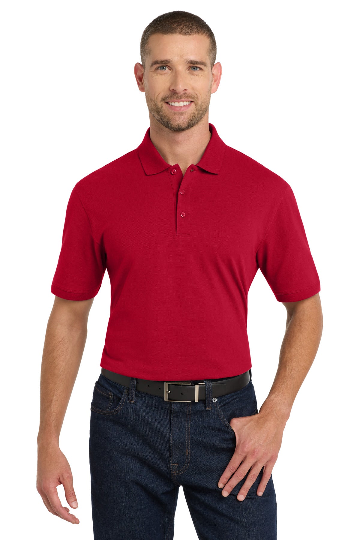 Front View of Apple Red Port Authority EZCotton Polo. K8000