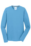 Front View of Aquatic Blue Port & Company Long Sleeve Performance Blend Tee. PC381LS
