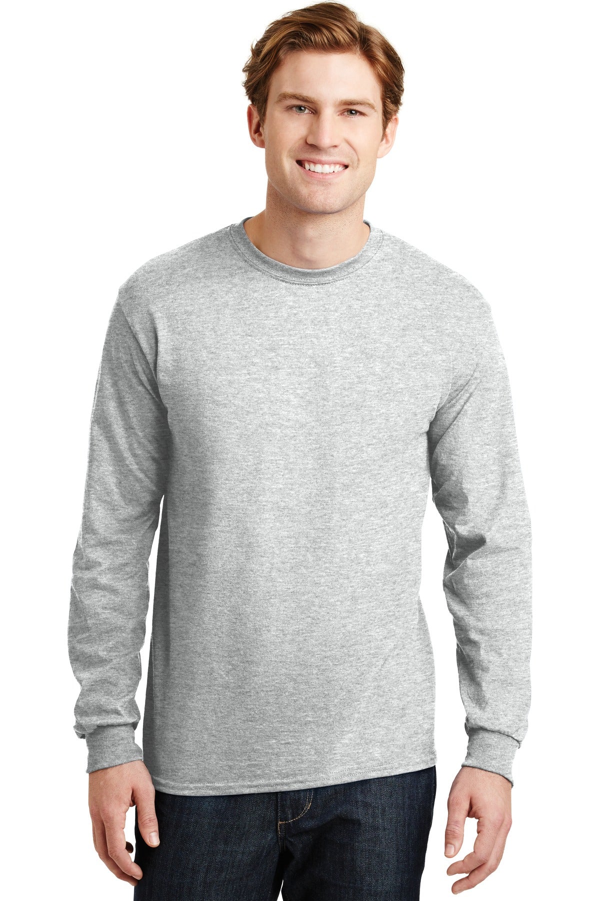Front View of Ash Grey Gildan - DryBlend 50 Cotton/50 Poly Long Sleeve T-Shirt. 8400