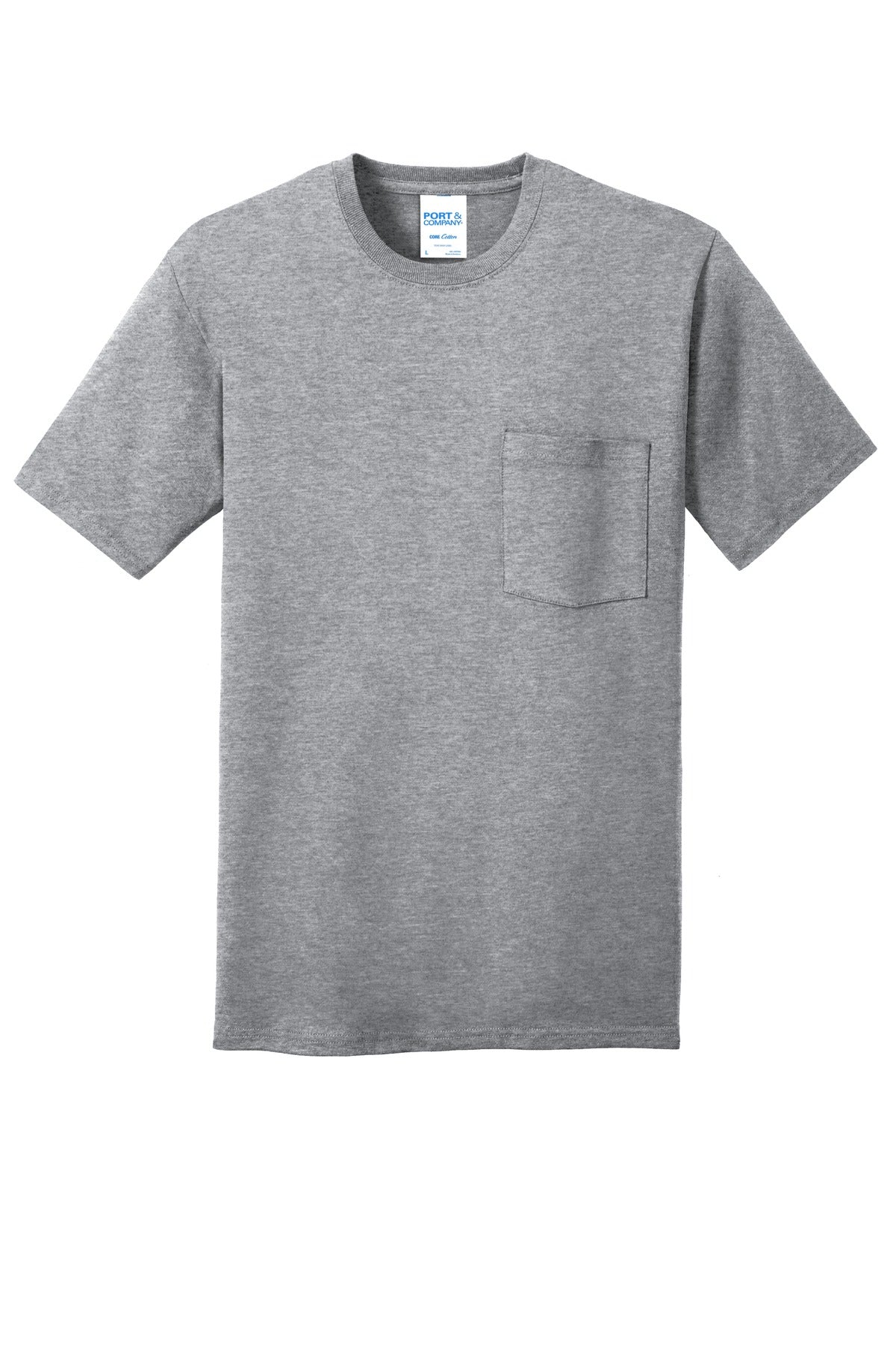 Front View of Athl Heather Port & Company Core Cotton Pocket Tee. PC54P