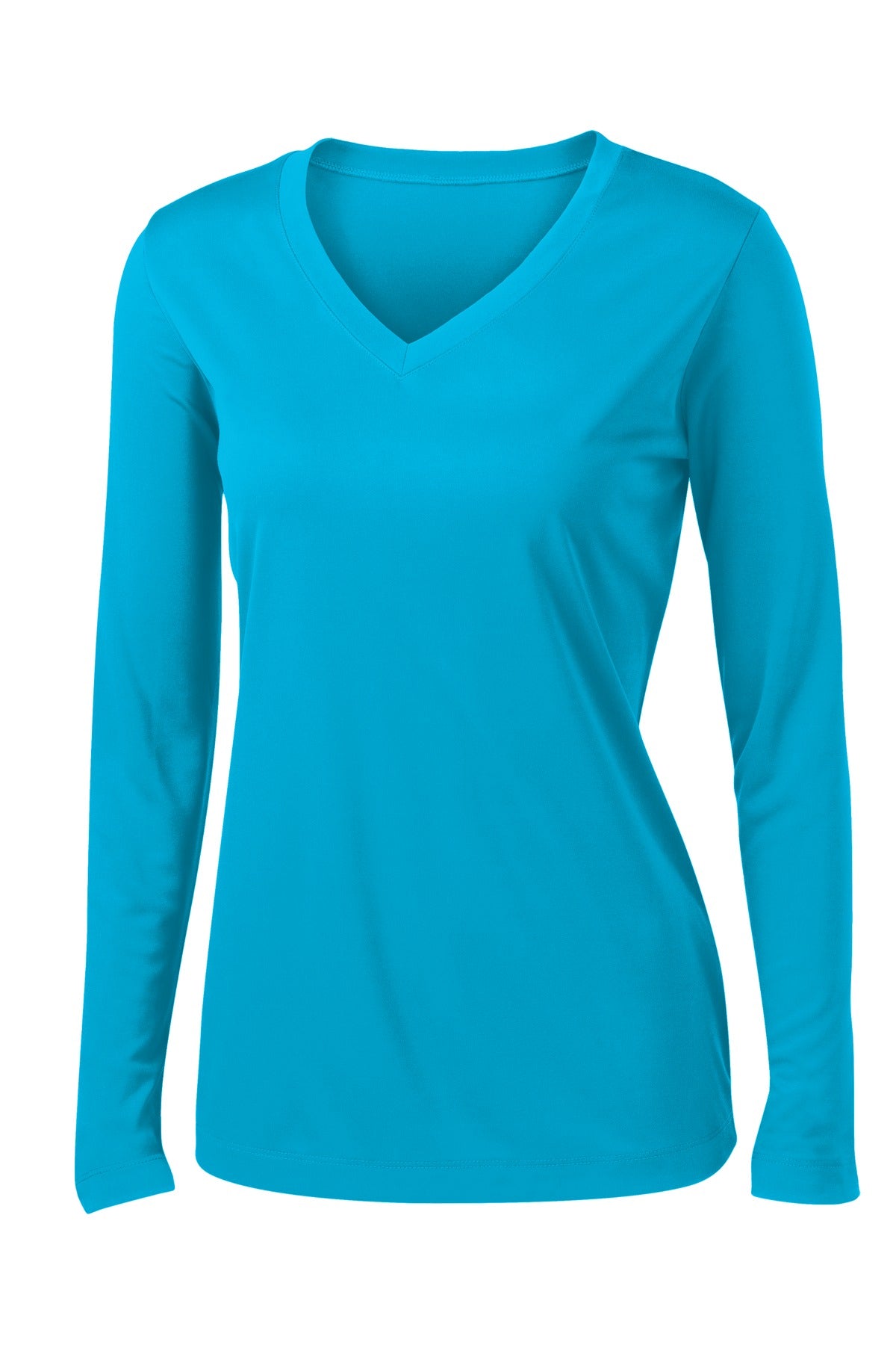 Front View of Atomic Blue Sport-Tek Women's Long Sleeve PosiCharge Competitor V-Neck Tee. LST353LS