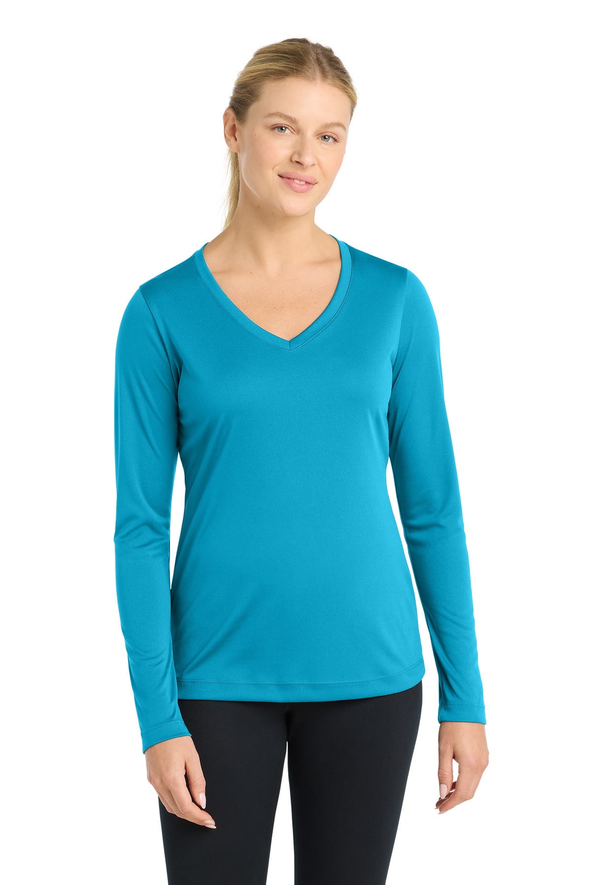 Front View of Atomic Blue Sport-Tek Women's Long Sleeve PosiCharge Competitor V-Neck Tee. LST353LS