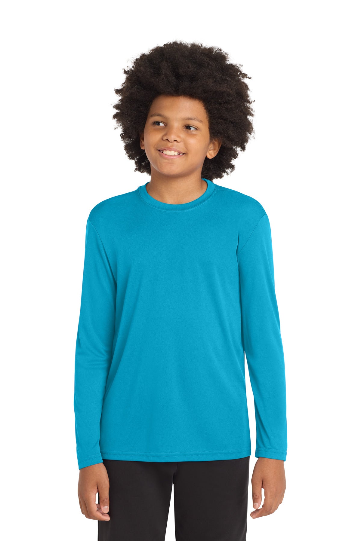 Front View of Atomic Blue Sport-Tek Youth Long Sleeve PosiCharge Competitor Tee. YST350LS