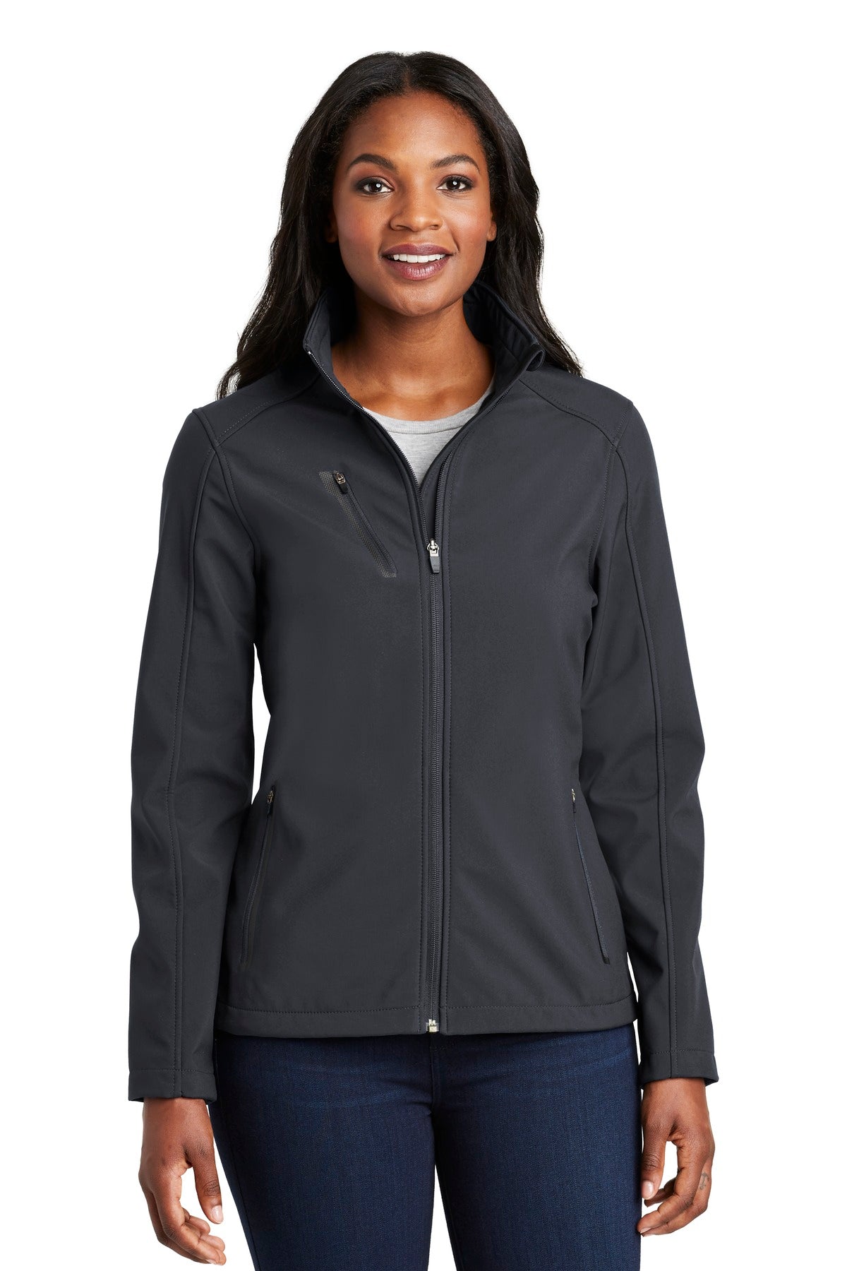 Front View of Batlshp Grey Port Authority Women's Welded Soft Shell Jacket. L324