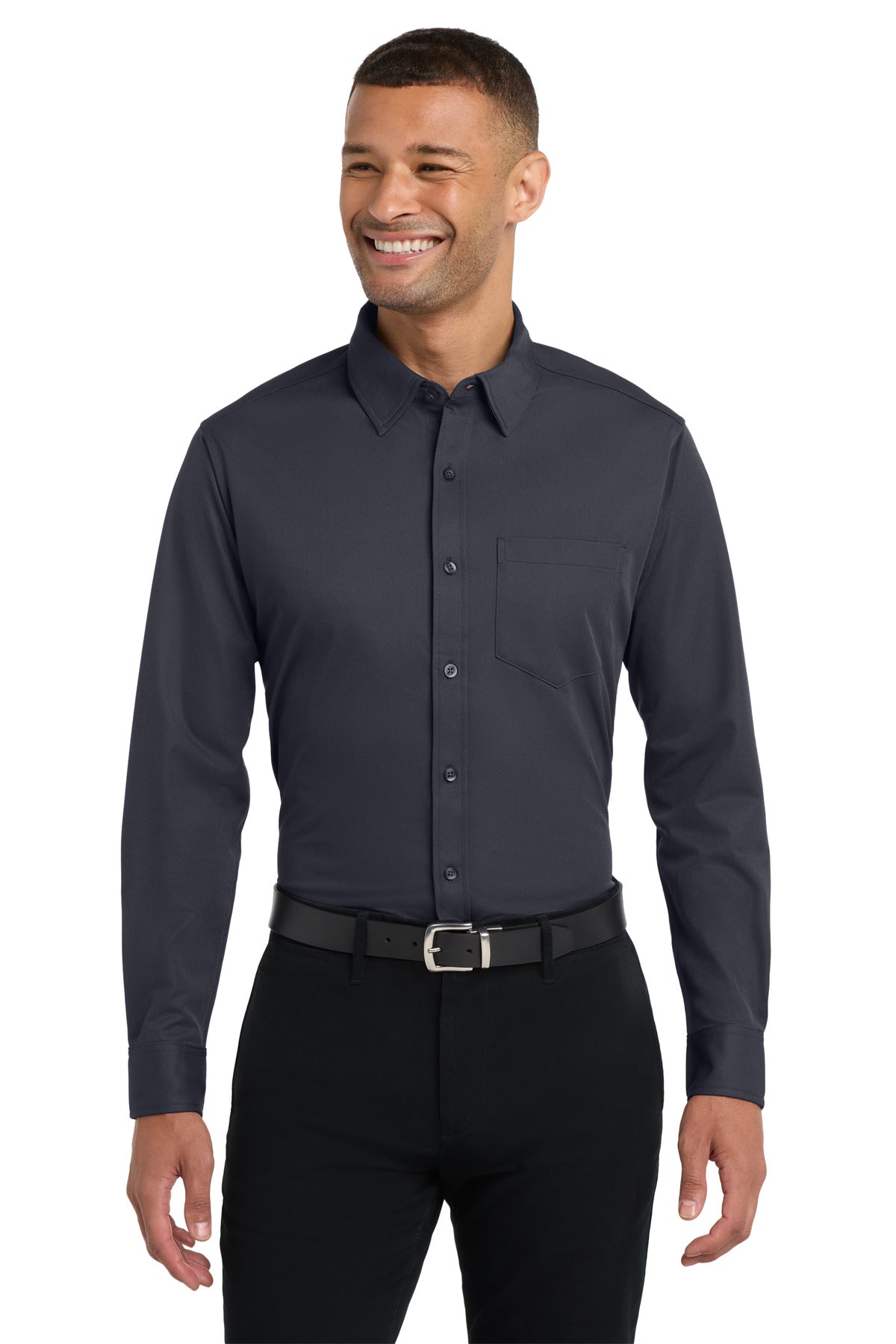 Front View of Battleship Gry Port Authority Dimension Knit Dress Shirt. K570