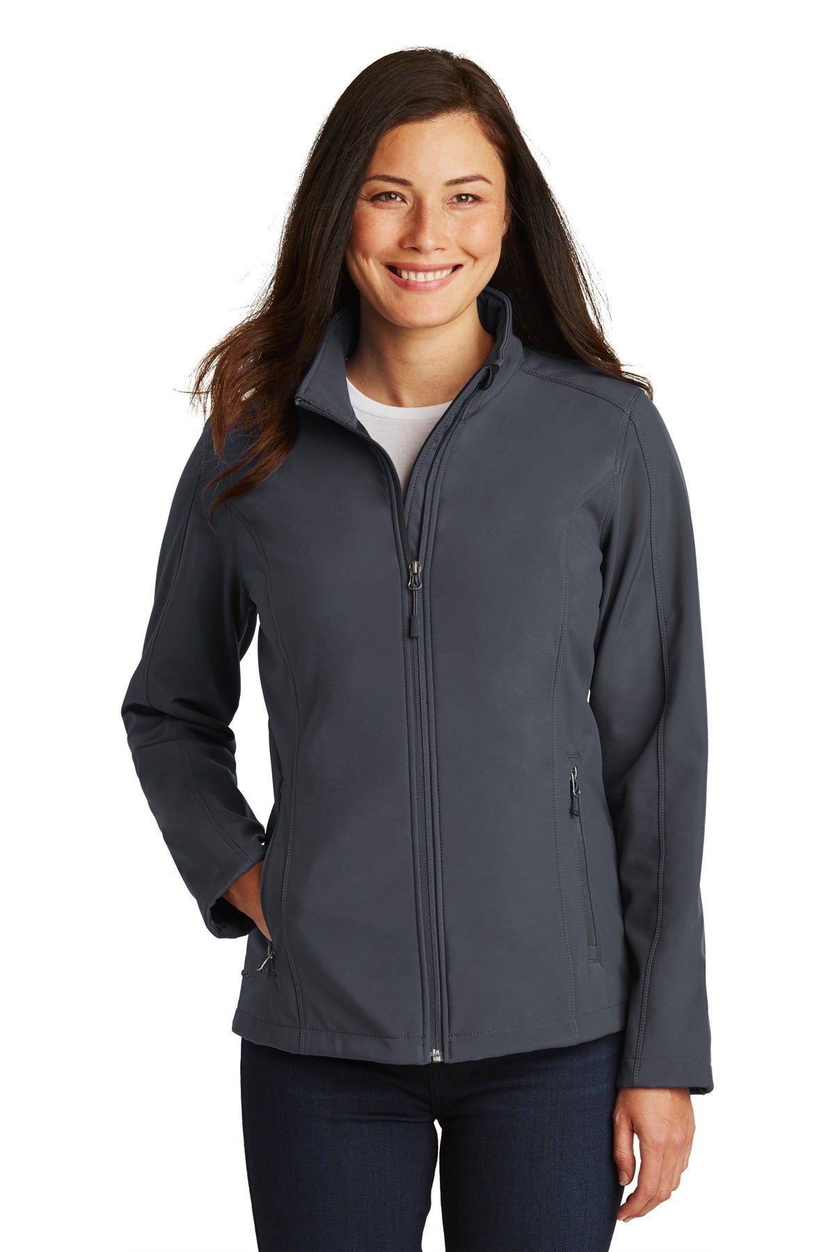 Front View of Battleship Gry Port Authority Women's Core Soft Shell Jacket. L317