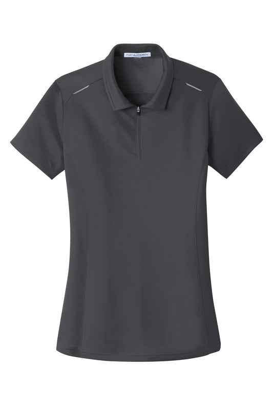 Front View of Battleship Gry Port Authority Women's Pinpoint Mesh Zip Polo. L580