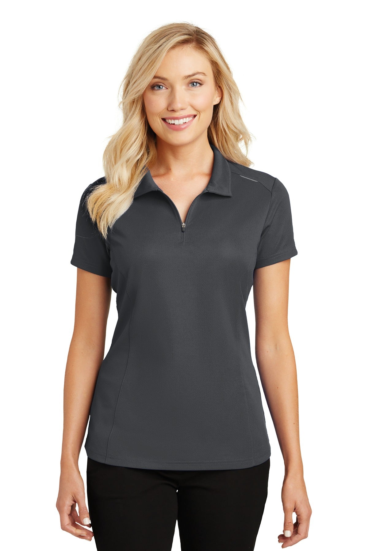 Front View of Battleship Gry Port Authority Women's Pinpoint Mesh Zip Polo. L580