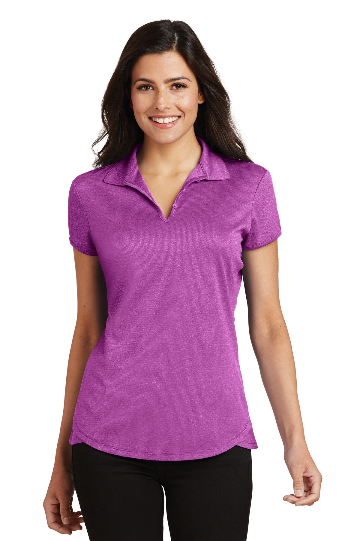 Front View of Berry Hthr Port Authority Women's Trace Heather Polo. L576