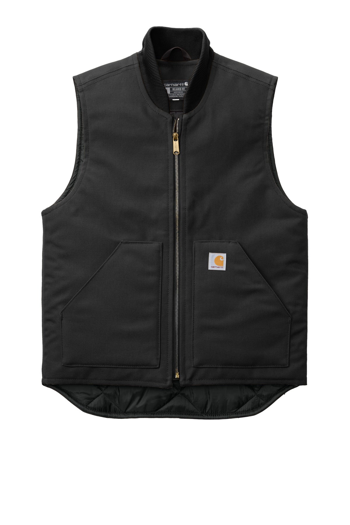 Front View of Black Carhartt Duck Vest. CT106676