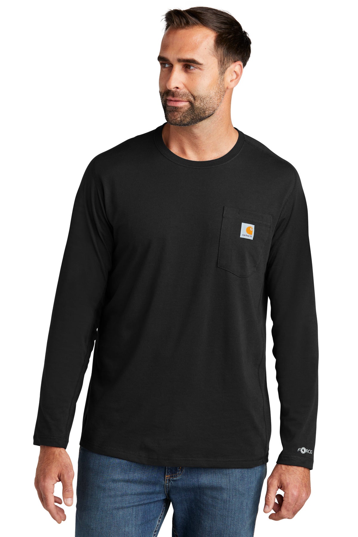Front View of Black Carhartt Force Long Sleeve Pocket T-Shirt CT106656