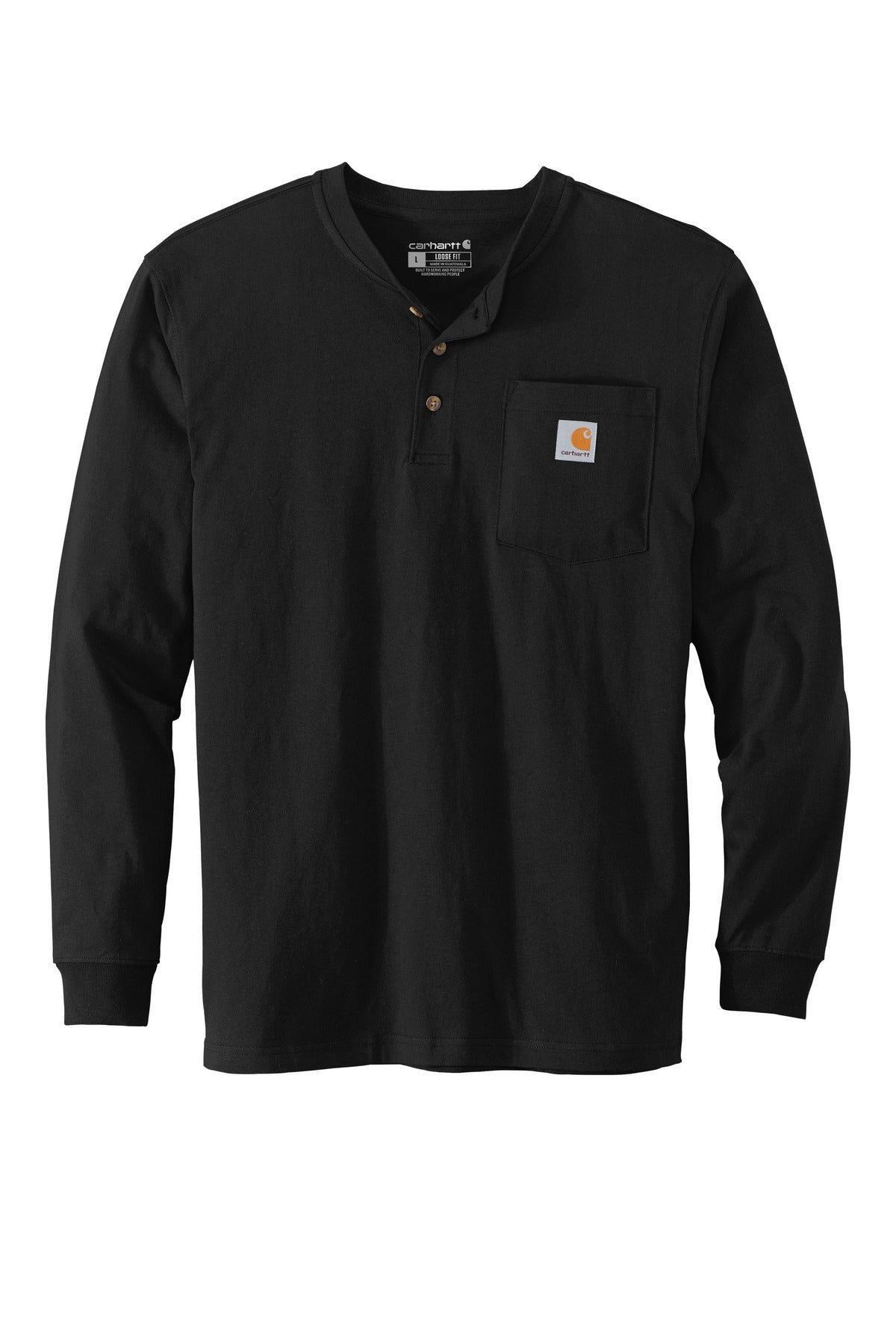 Front View of Black Carhartt Long Sleeve Henley T-Shirt CTK128