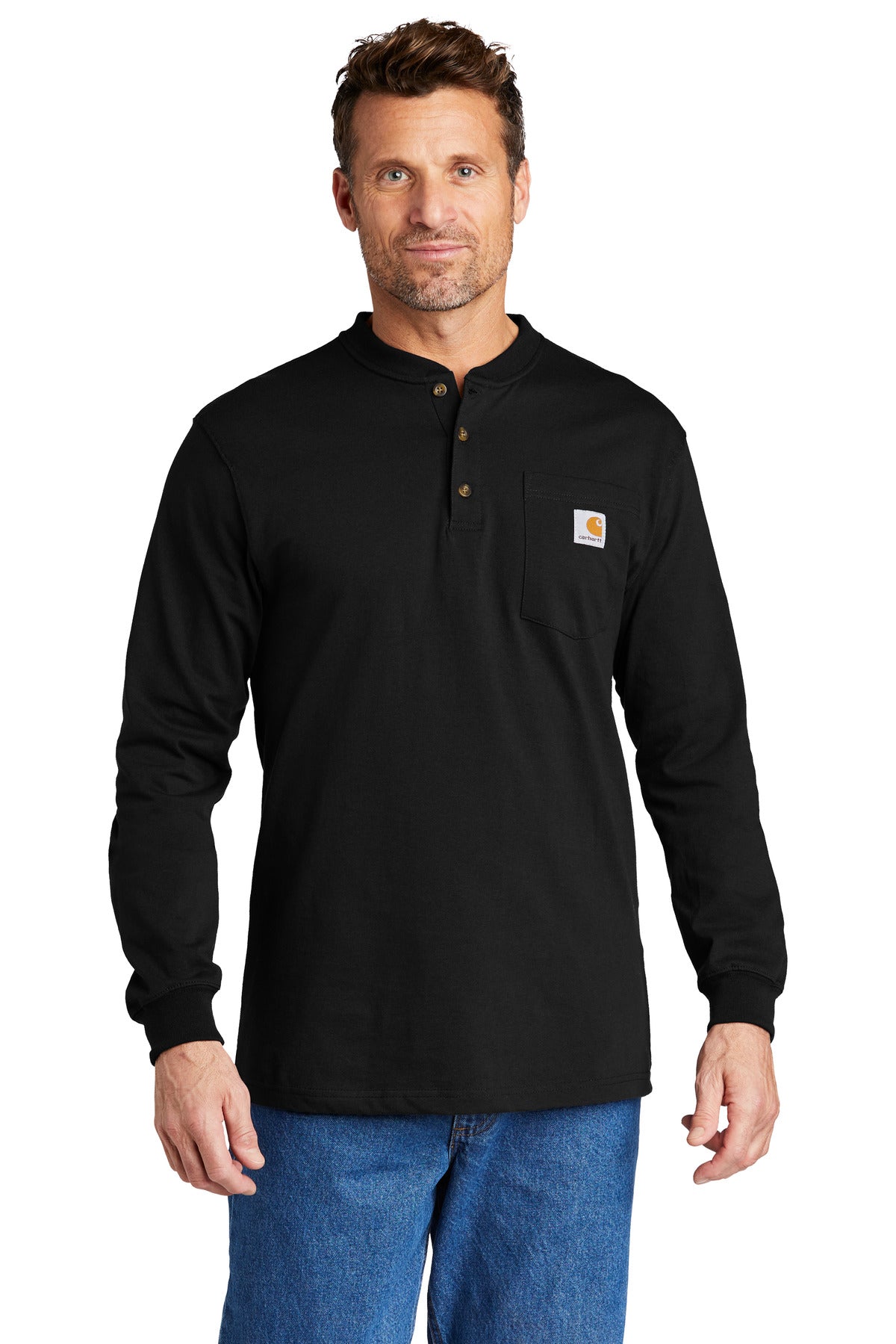 Front View of Black Carhartt Long Sleeve Henley T-Shirt CTK128