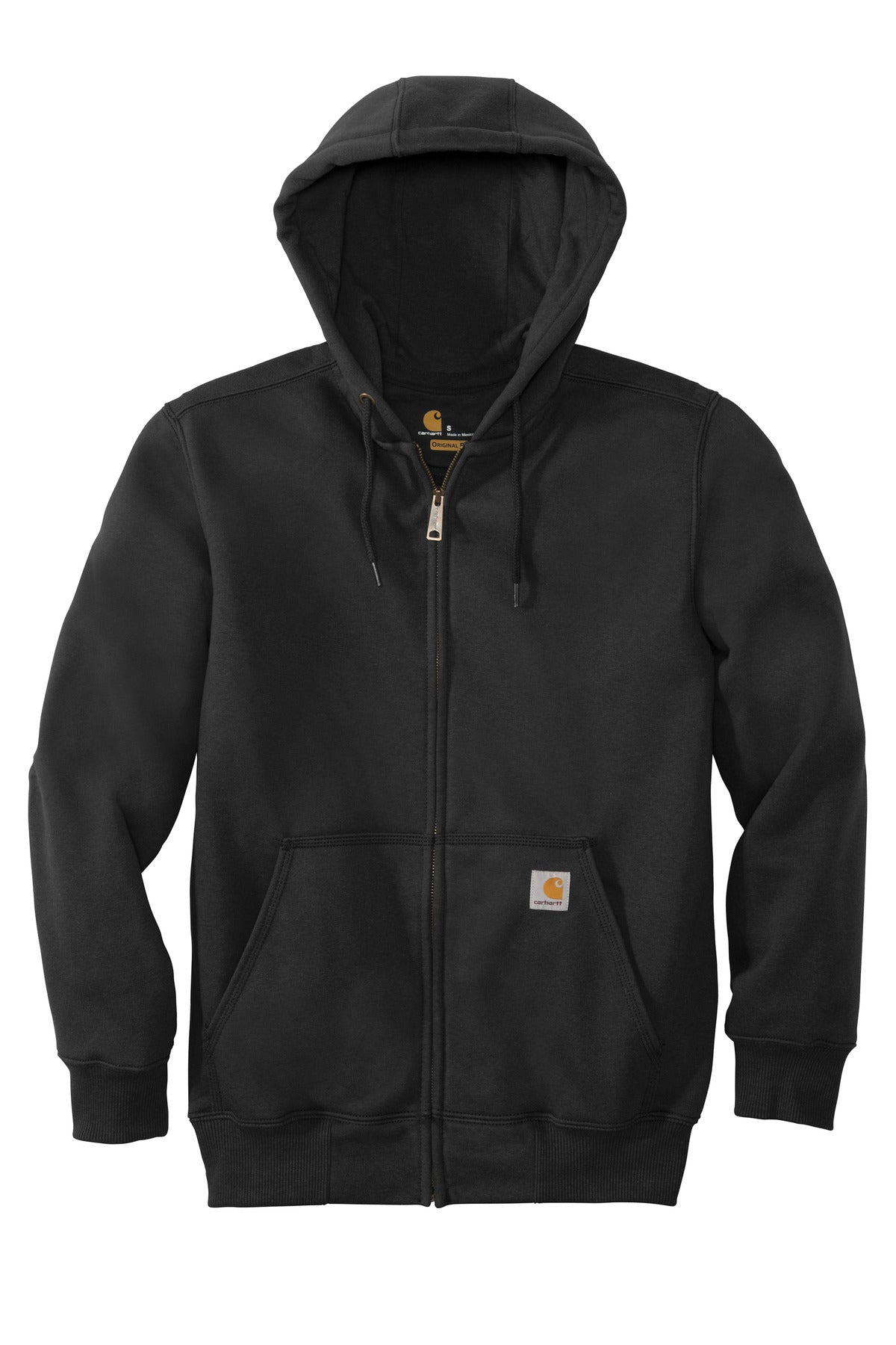 Front View of Black Carhartt Rain Defender Paxton Heavyweight Hooded Zip-Front Sweatshirt. CT100614