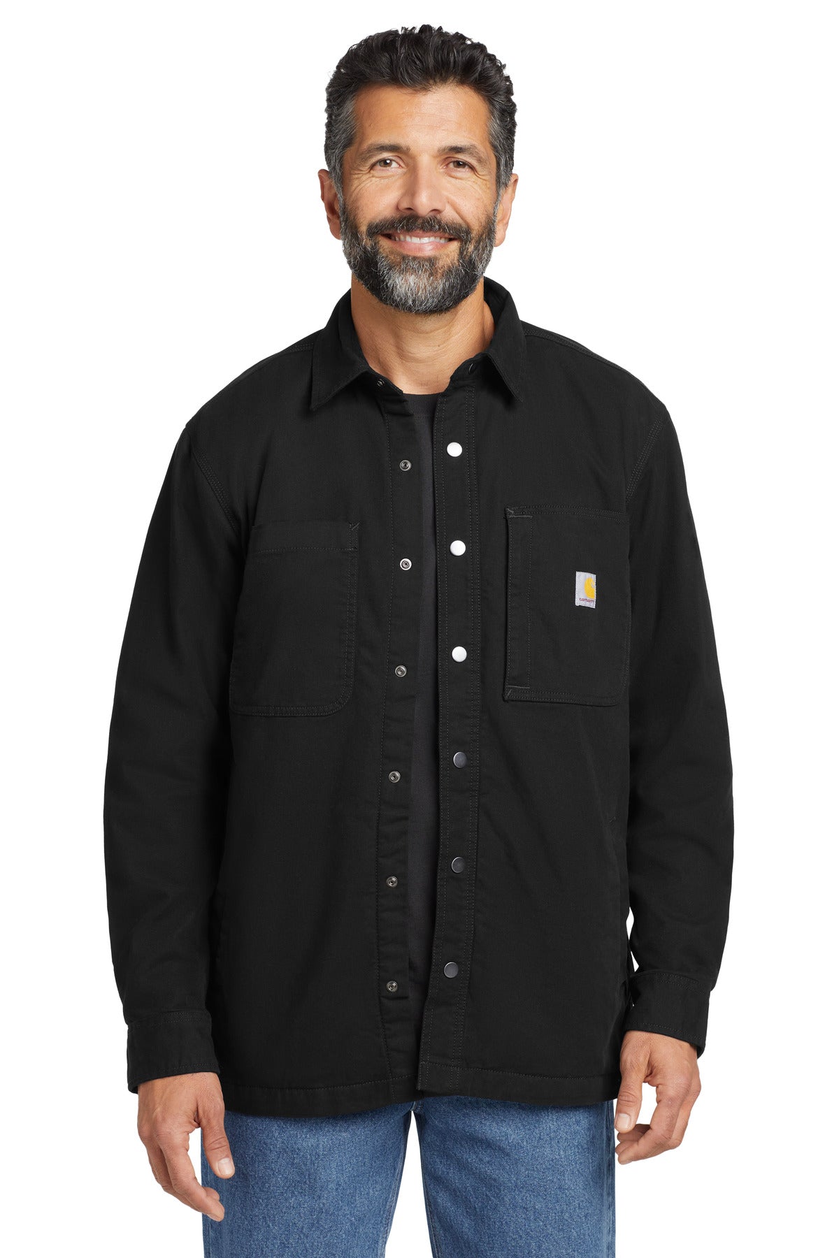 Front View of Black Carhartt Rugged Flex Fleece-Lined Shirt Jac CT105532