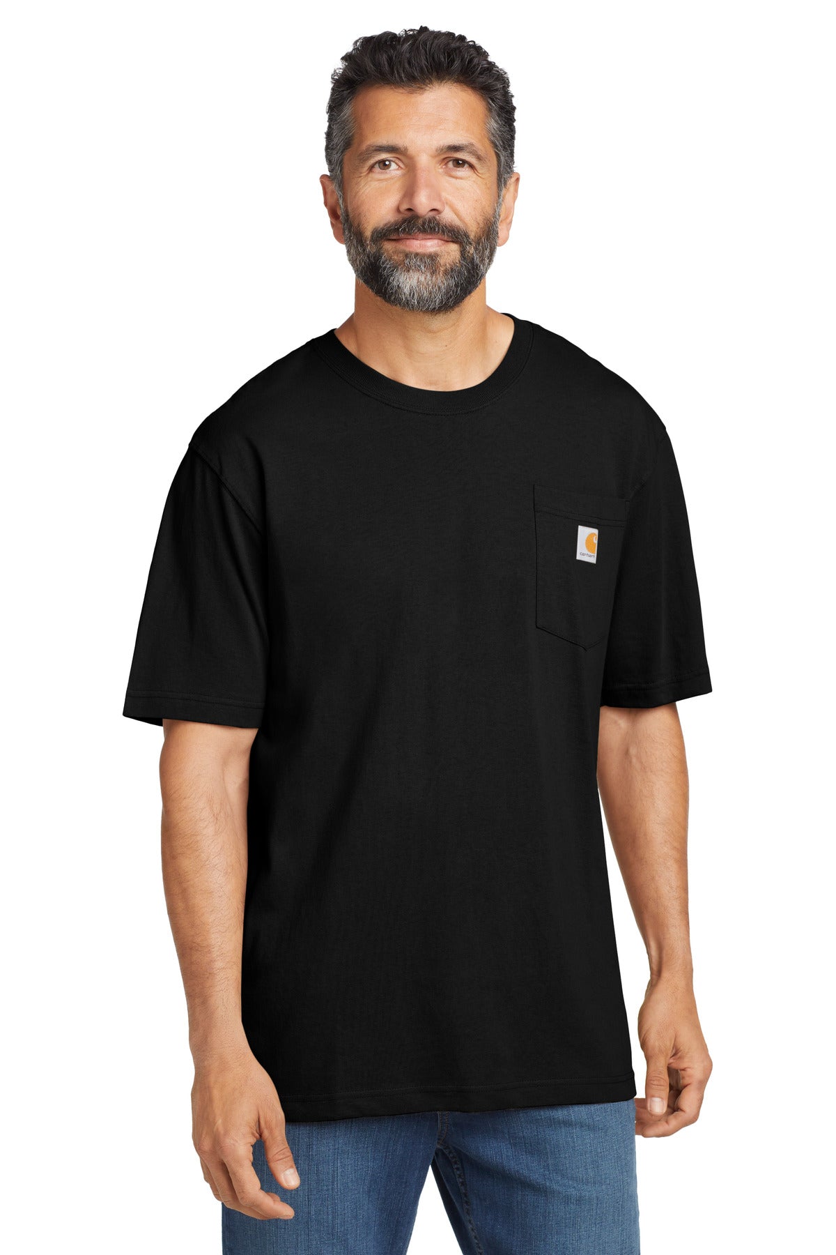 Front View of Black Carhartt Tall Workwear Pocket Short Sleeve T-Shirt. CTTK87