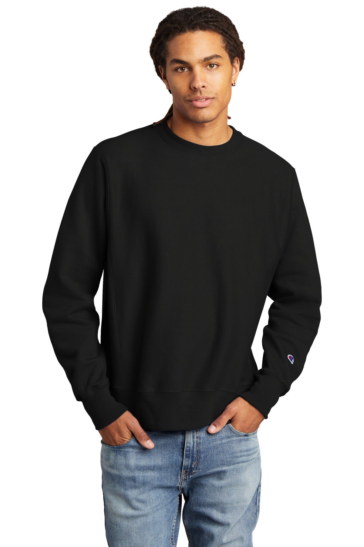 Front View of Black Champion Reverse Weave Crewneck Sweatshirt S149