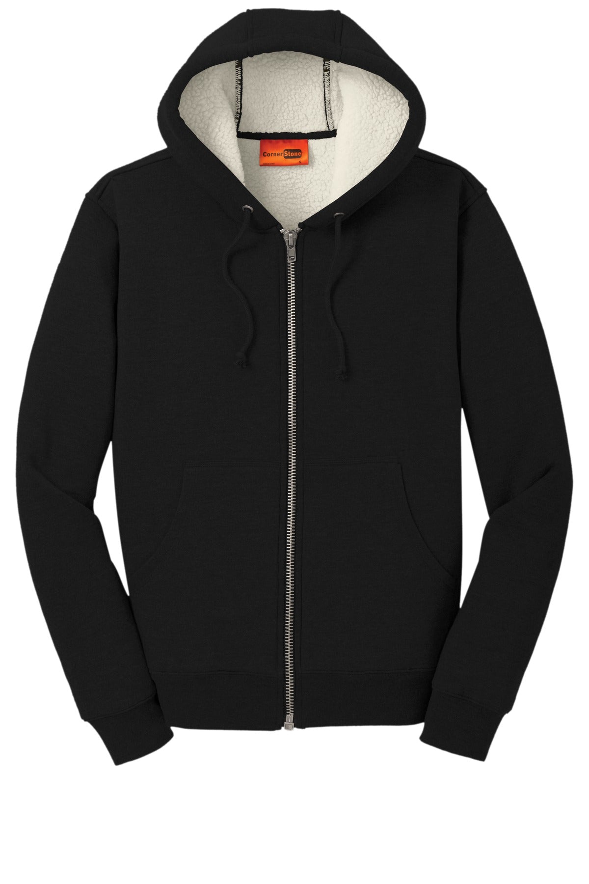 Front View of Black CornerStone Heavyweight Sherpa-Lined Hooded Fleece Jacket. CS625