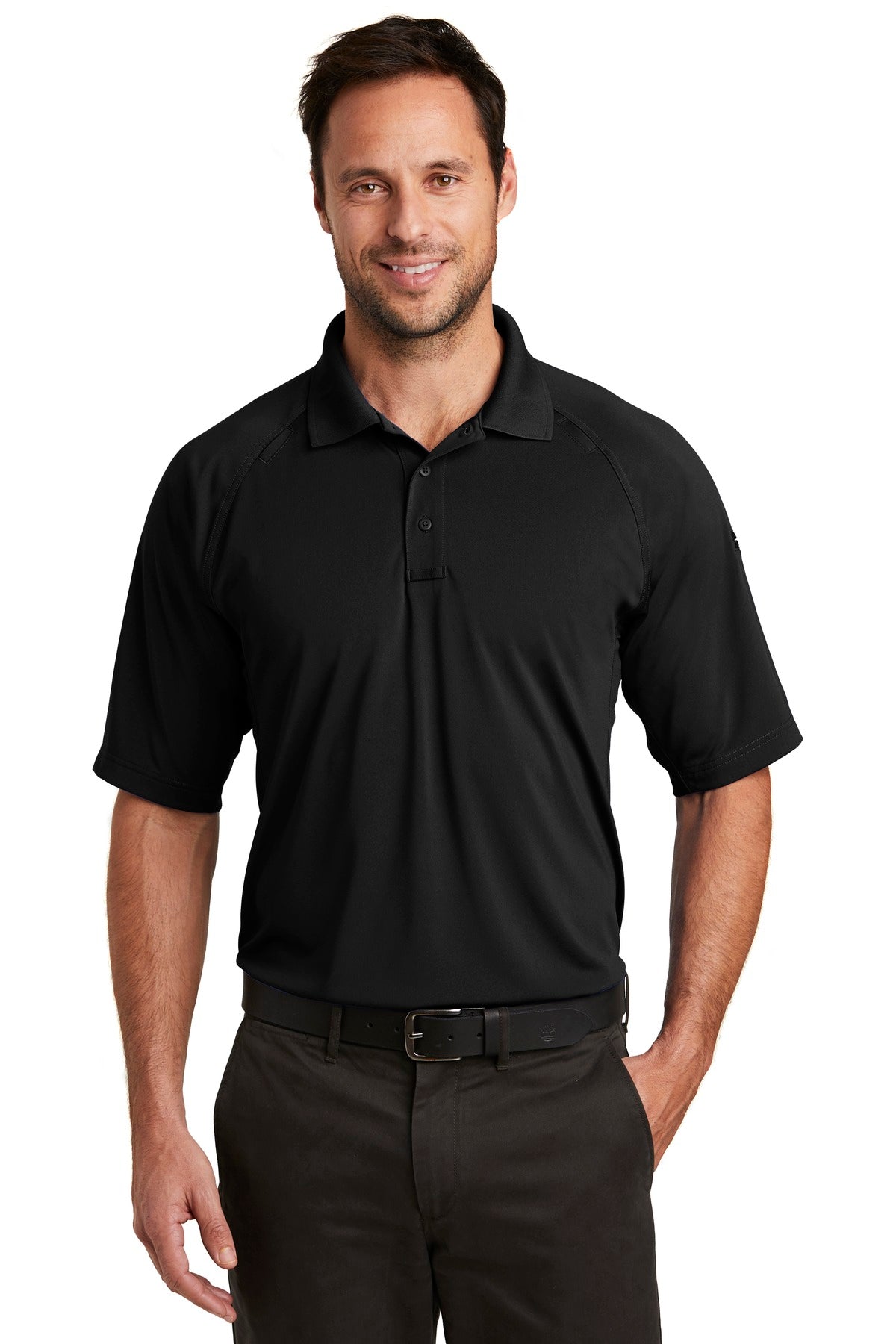 Front View of Black CornerStone Select Lightweight Snag-Proof Tactical Polo. CS420