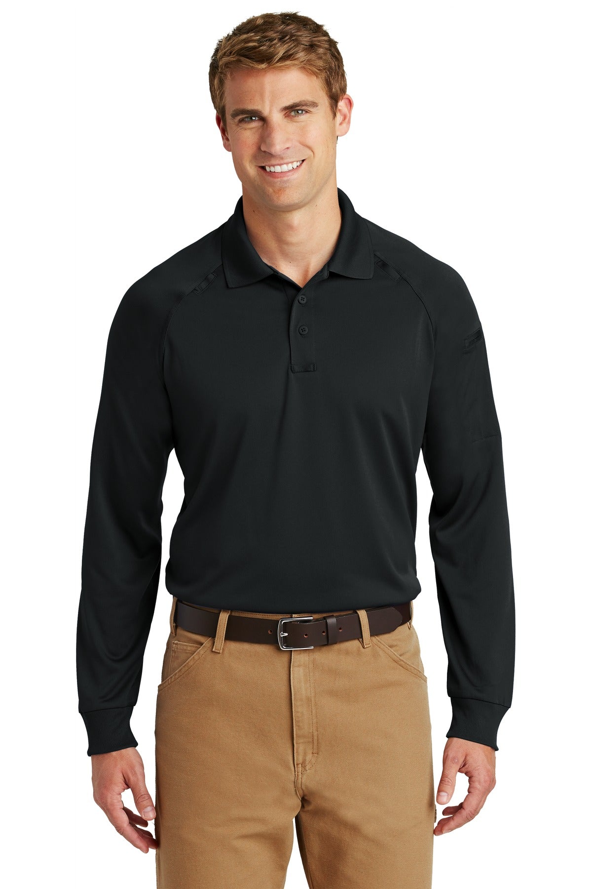 Front View of Black CornerStone - Select Long Sleeve Snag-Proof Tactical Polo. CS410LS