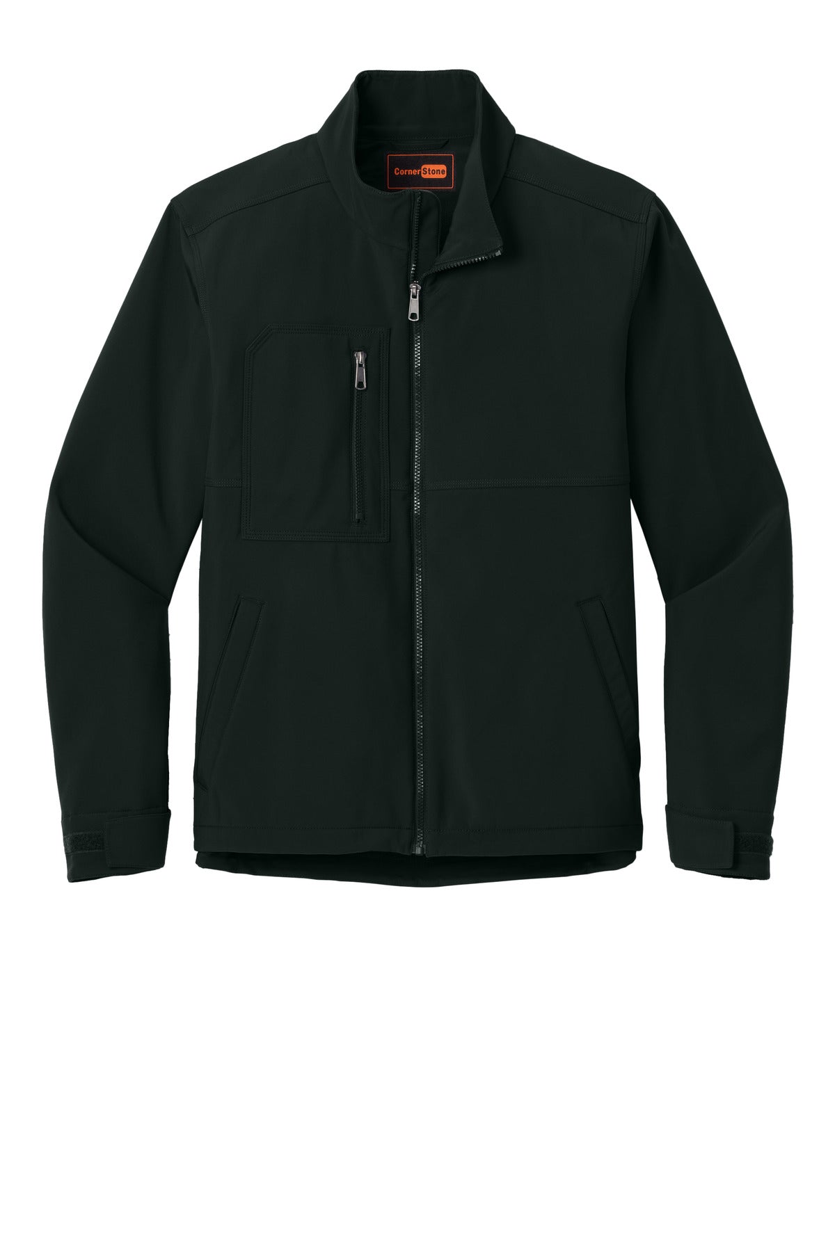 Front View of Black CornerStone Workwear Soft Shell CSJ70