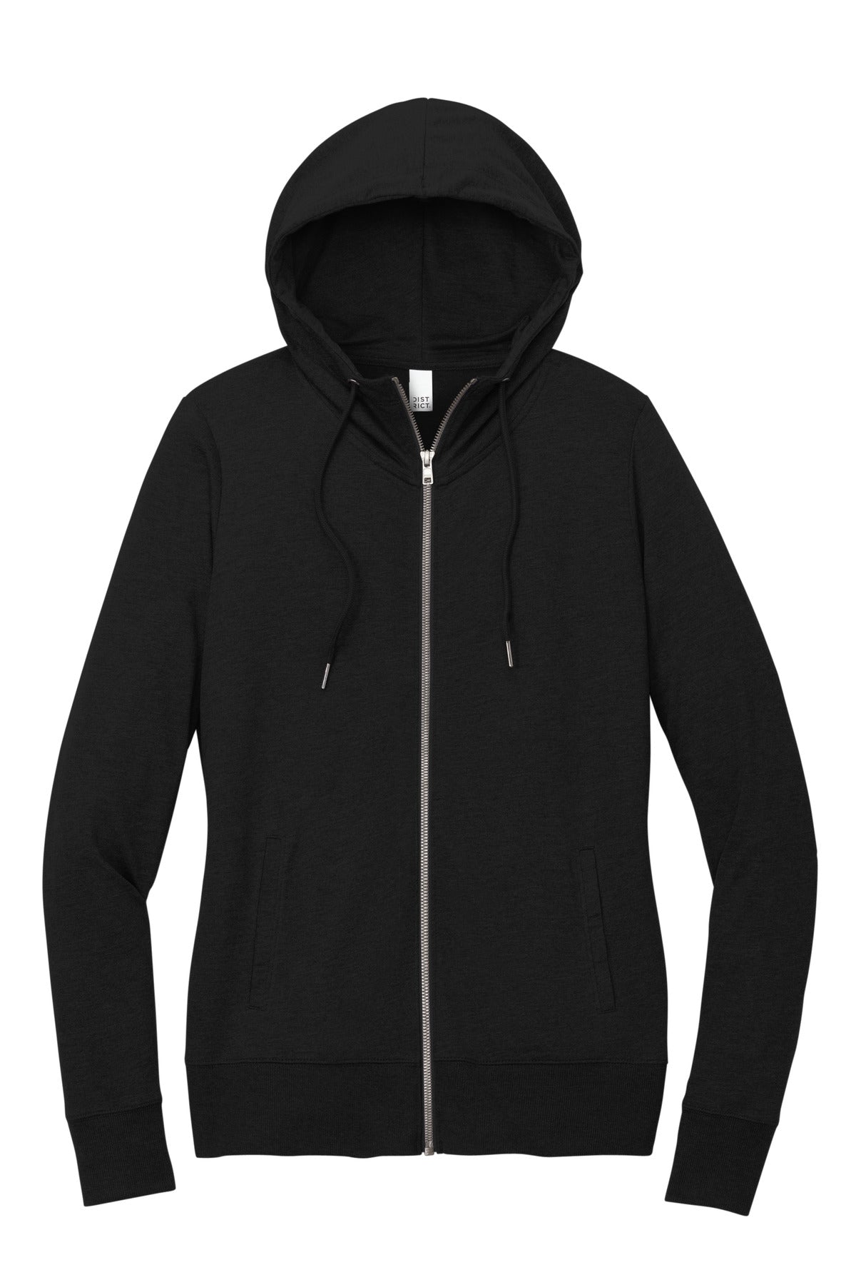 Front View of Black District Women's Featherweight French Terry Full-Zip Hoodie DT673