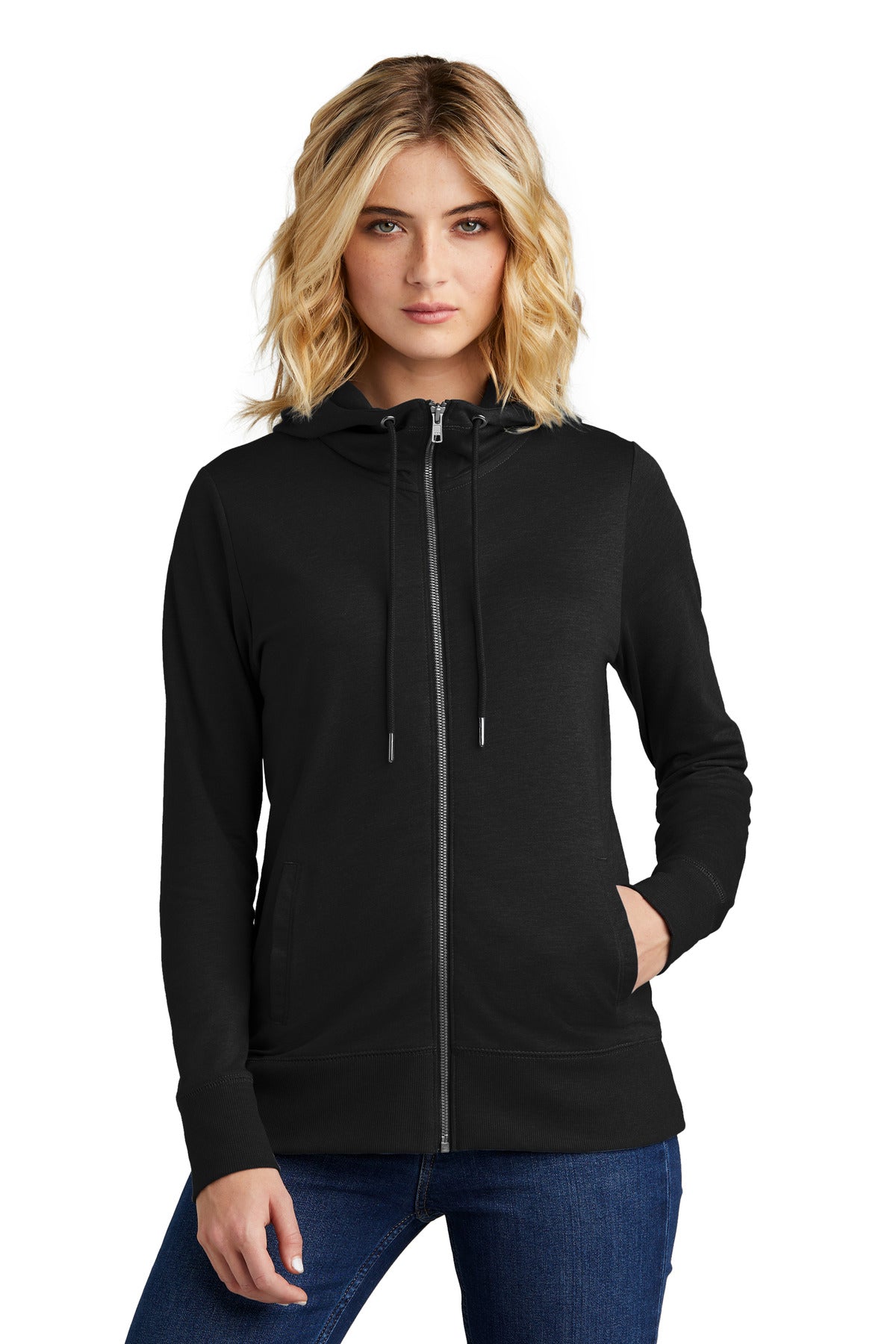 Front View of Black District Women's Featherweight French Terry Full-Zip Hoodie DT673