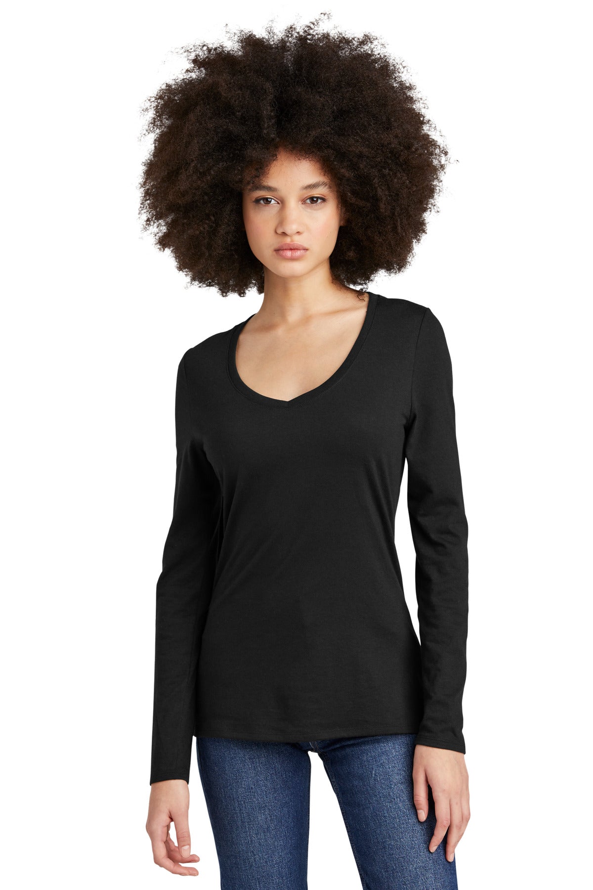 Front View of Black District Women's Perfect Tri Long Sleeve V-Neck Tee DT135