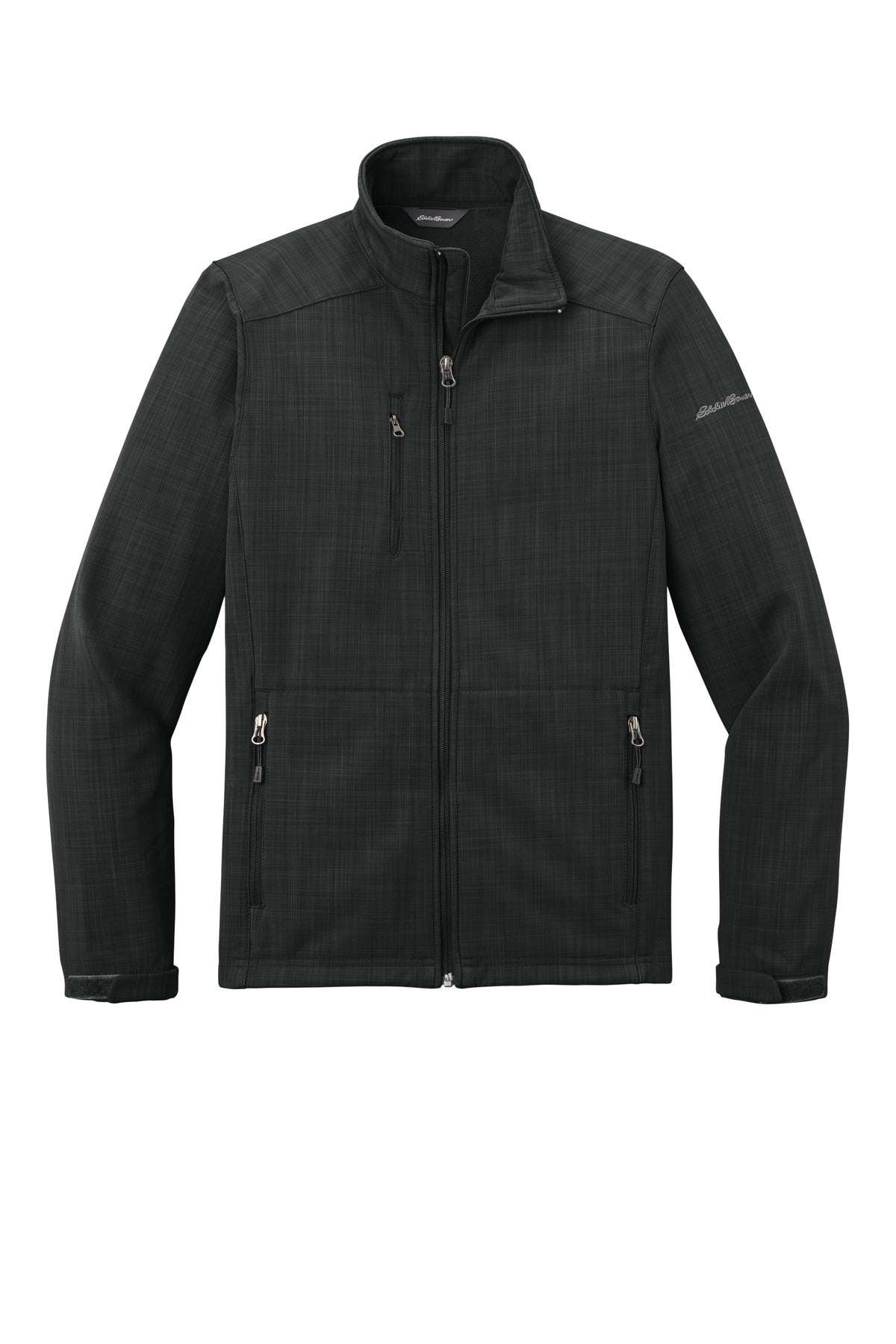 Front View of Black Eddie Bauer Shaded Crosshatch Soft Shell Jacket. EB532