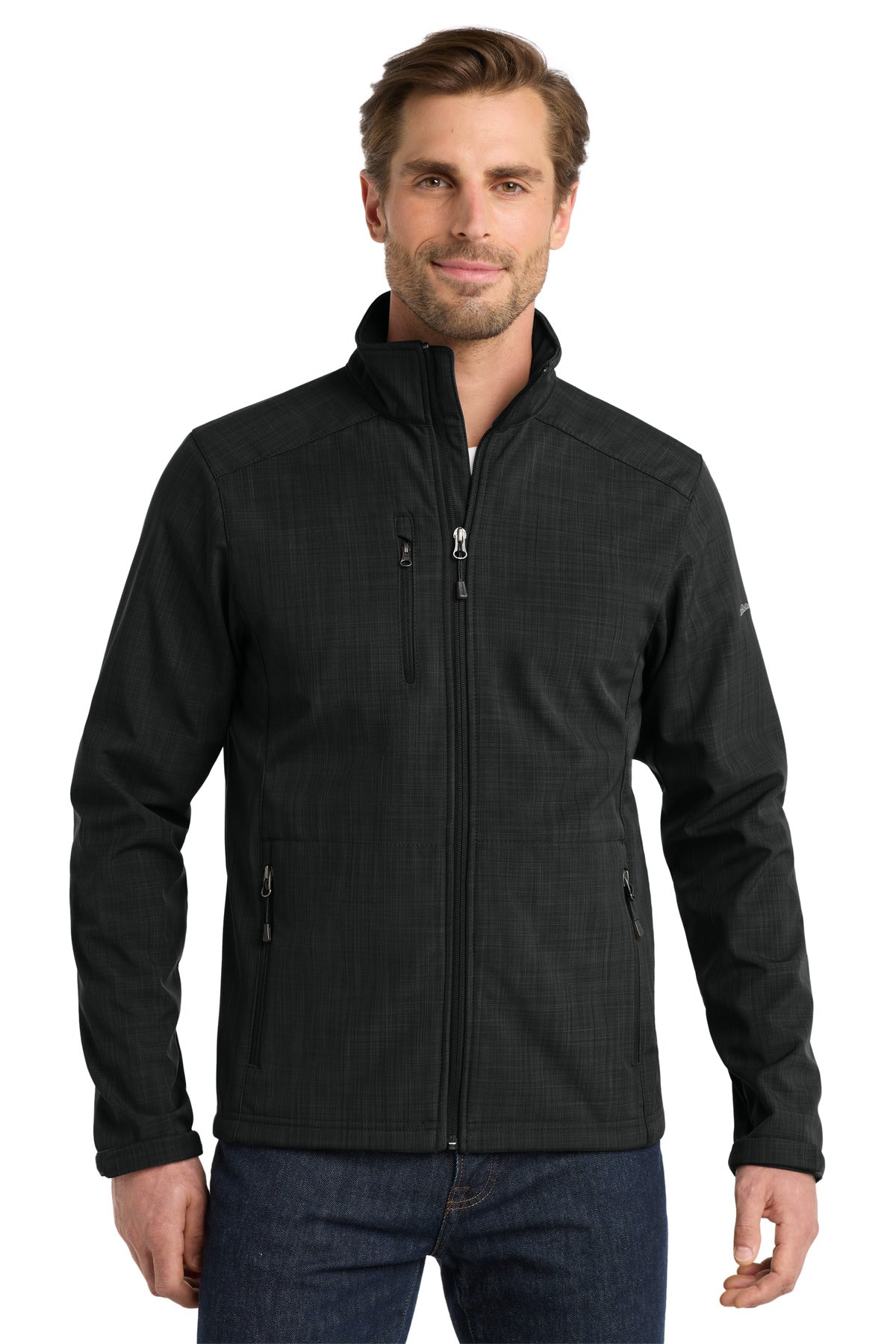 Front View of Black Eddie Bauer Shaded Crosshatch Soft Shell Jacket. EB532