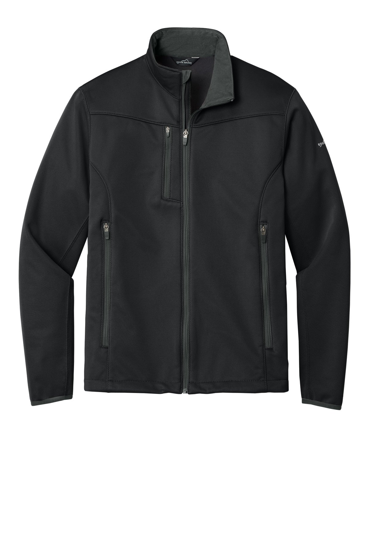 Front View of Black Eddie Bauer Weather-Resist Soft Shell Jacket. EB538