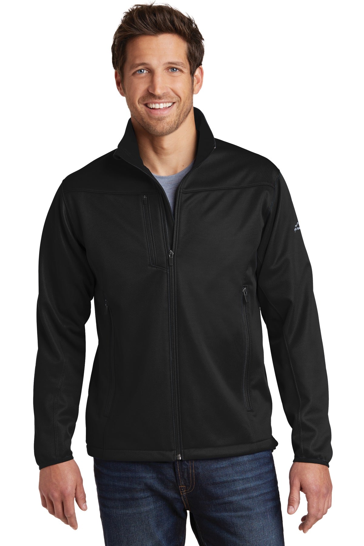 Front View of Black Eddie Bauer Weather-Resist Soft Shell Jacket. EB538